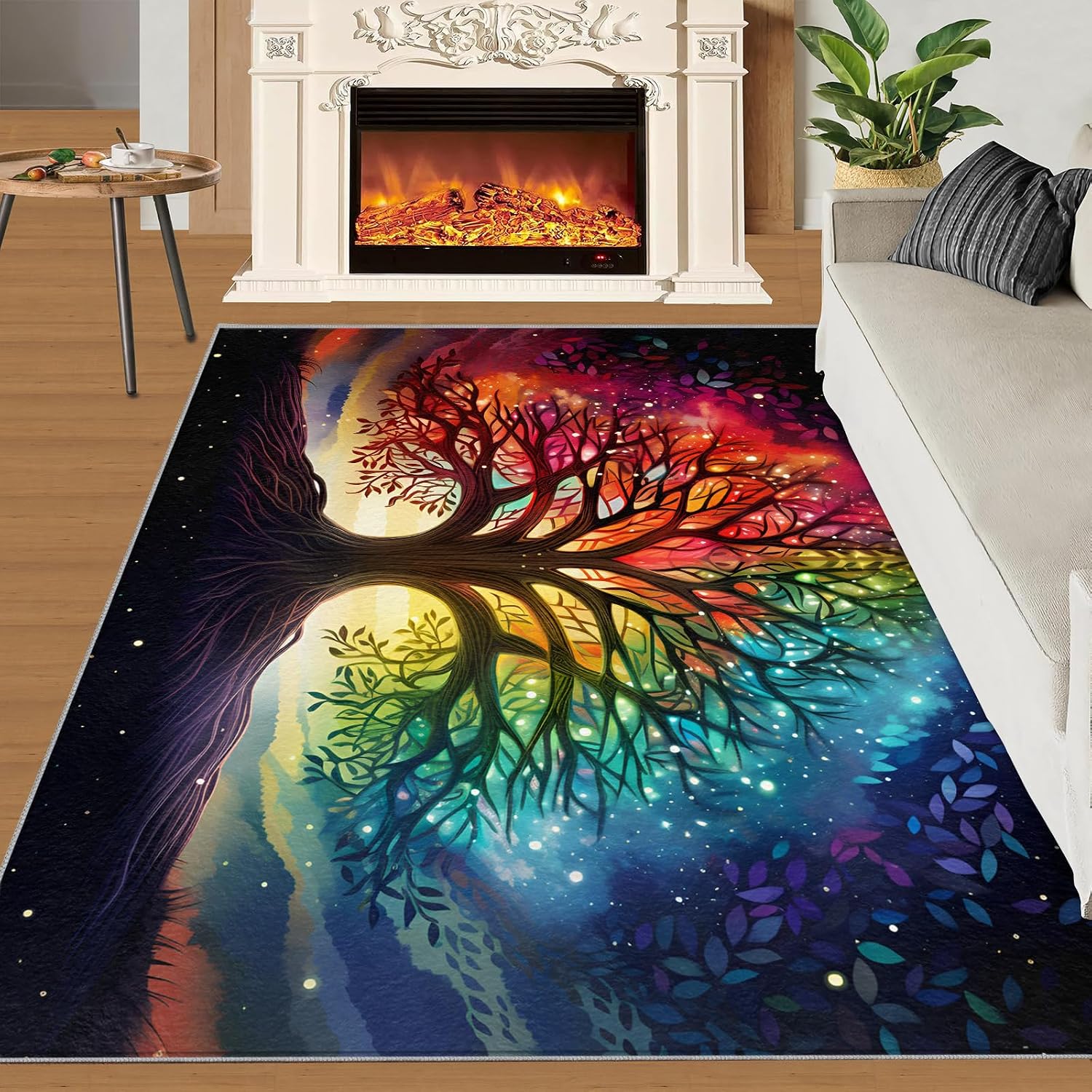 Colorful Life Tree Rug for Kids Room - 6x8 Large Rug, Boho Aurora Starry Galaxy Rugs for Bedroom Fantasy Tree Area Rugs for Living Room Home Decor Washable Rug