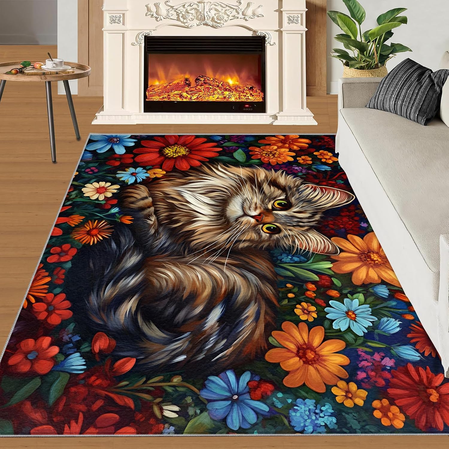 Floral Cat Rugs for Girls Room, Boho Colors Floral Area Rug, Washable Bedroom Rug for Front Entrance Floor Decor Floor Mat 6x8