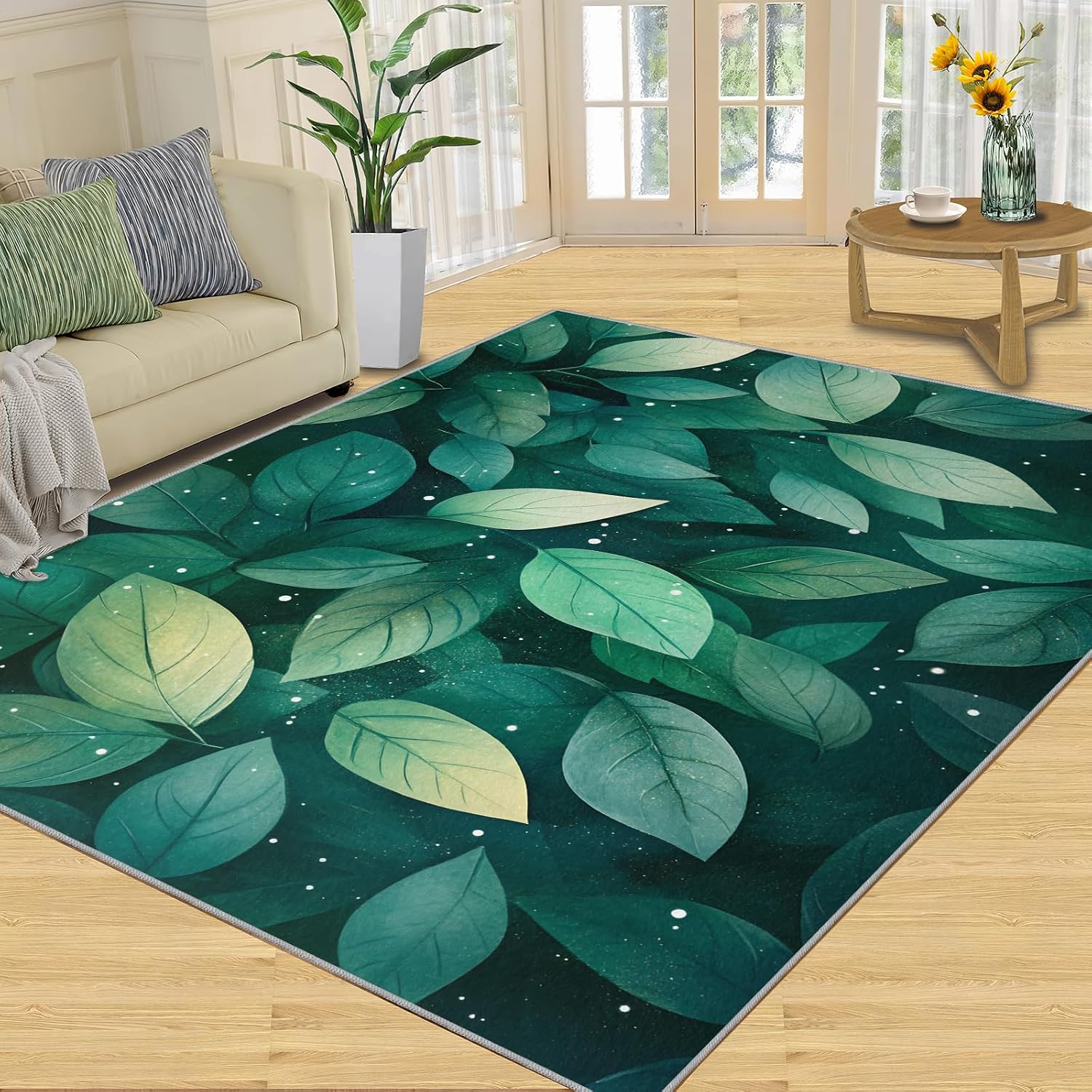 Green Leaves Rug 6x8-6x8 Rug, Modern Area Rugs for Living Room Bedroom, Green Botanical Area Rugs, Watercolor Plant Washable Carpet, Botanical Carpet, Leaves Home Decor & Gifts