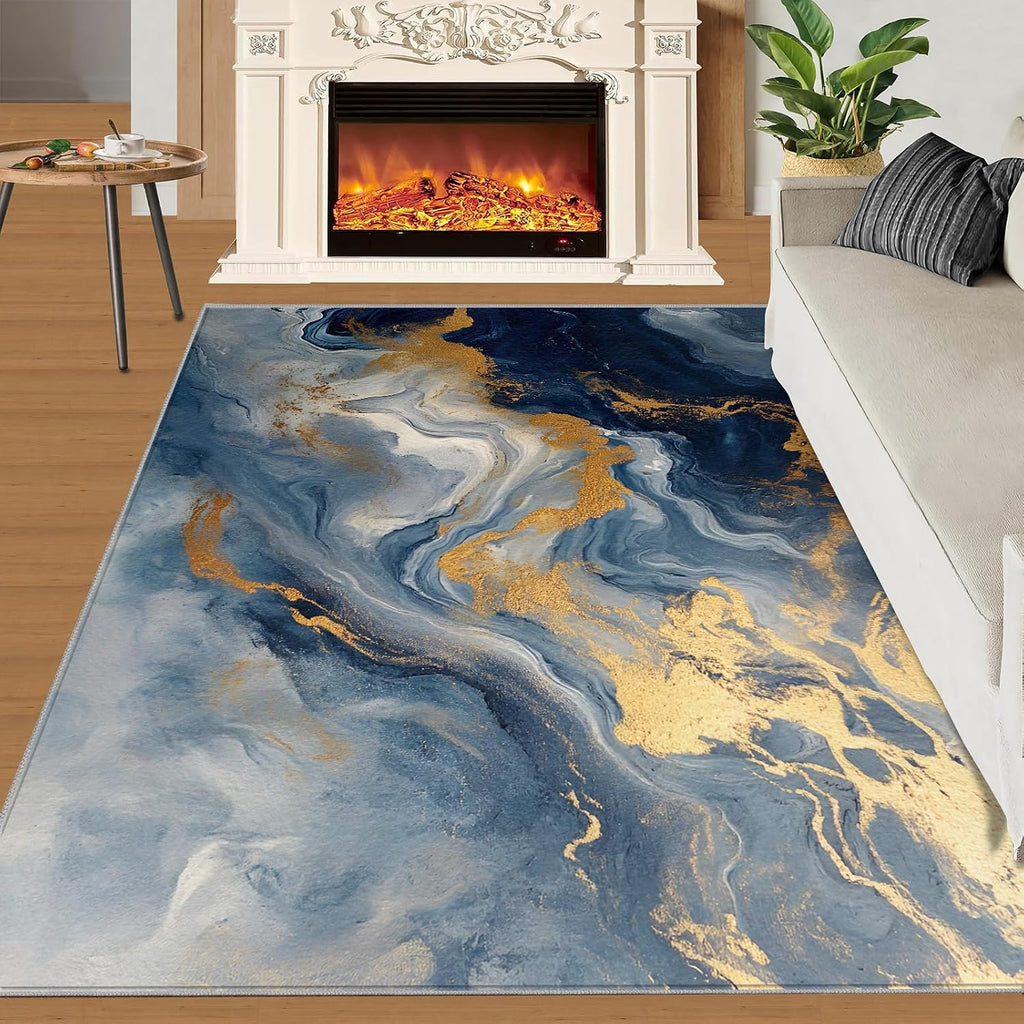 Blue Marble Area Rug, Marble Print Rugs, Machine Washable Kids Rug for Living Room Bedroom Children's Room Dormitory Decor Floor Mat 6x8