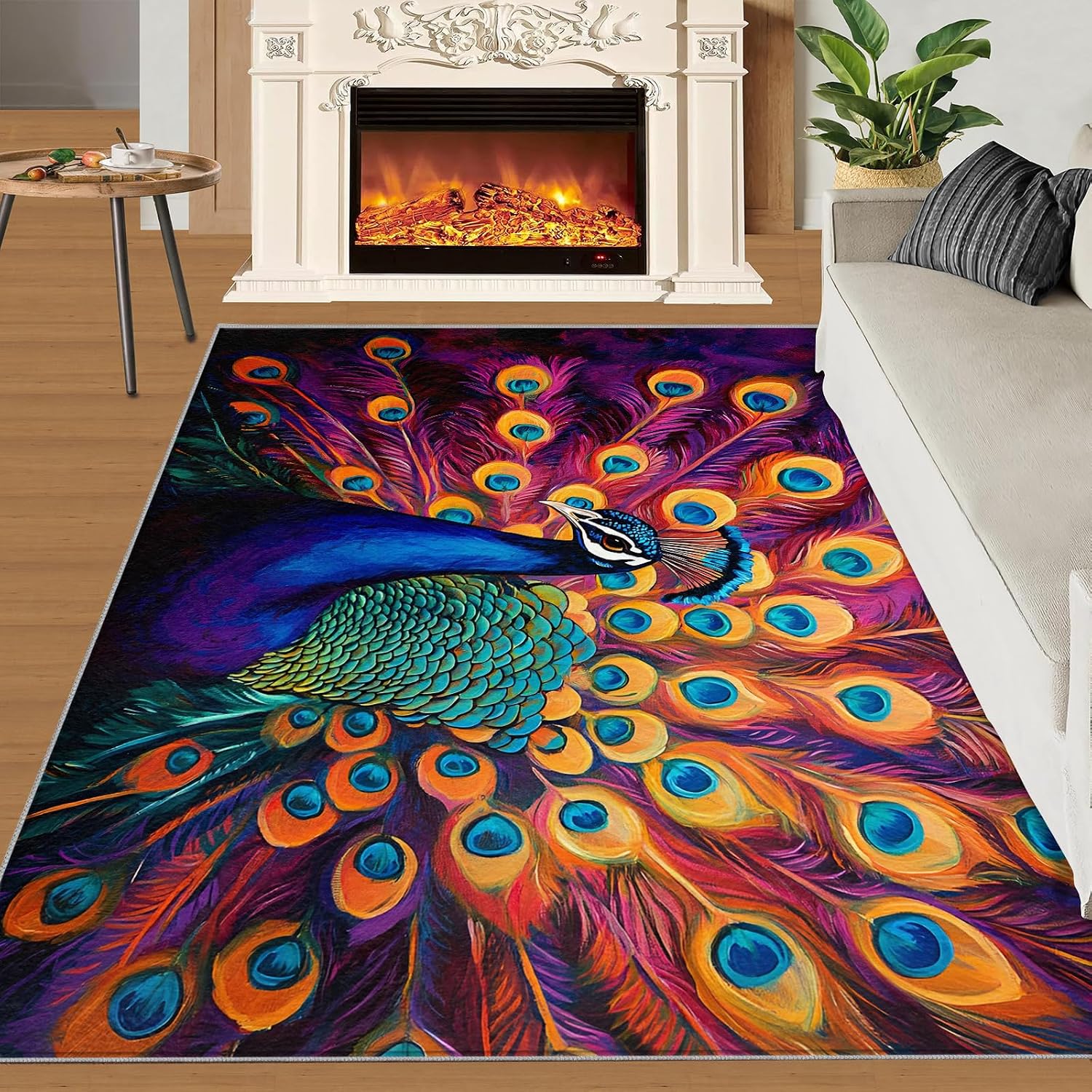Peacock Rug 6x8-6x8 Rug, Purple Feather Area Rugs for Living Room Bedroom, Bird Area Carpet, Animal Washable Carpet, Peacock Home Decor & Gifts