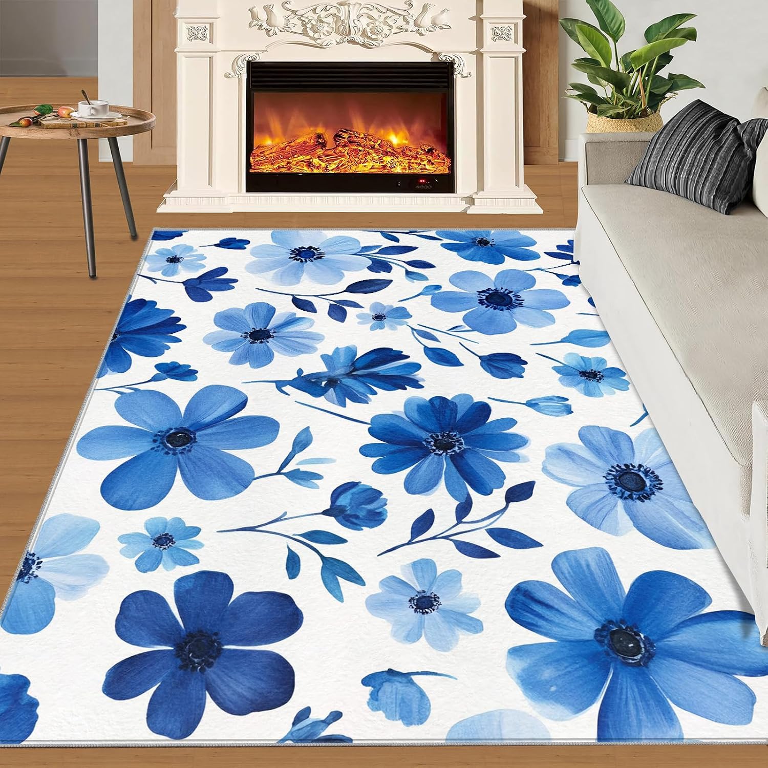 Blue Flowers Area Rug, Watercolor Flowers Living Room Rug, Low Pile Home Decor Carpet for Bedroom Dining Room Farmhouse Floor Mat 6x8