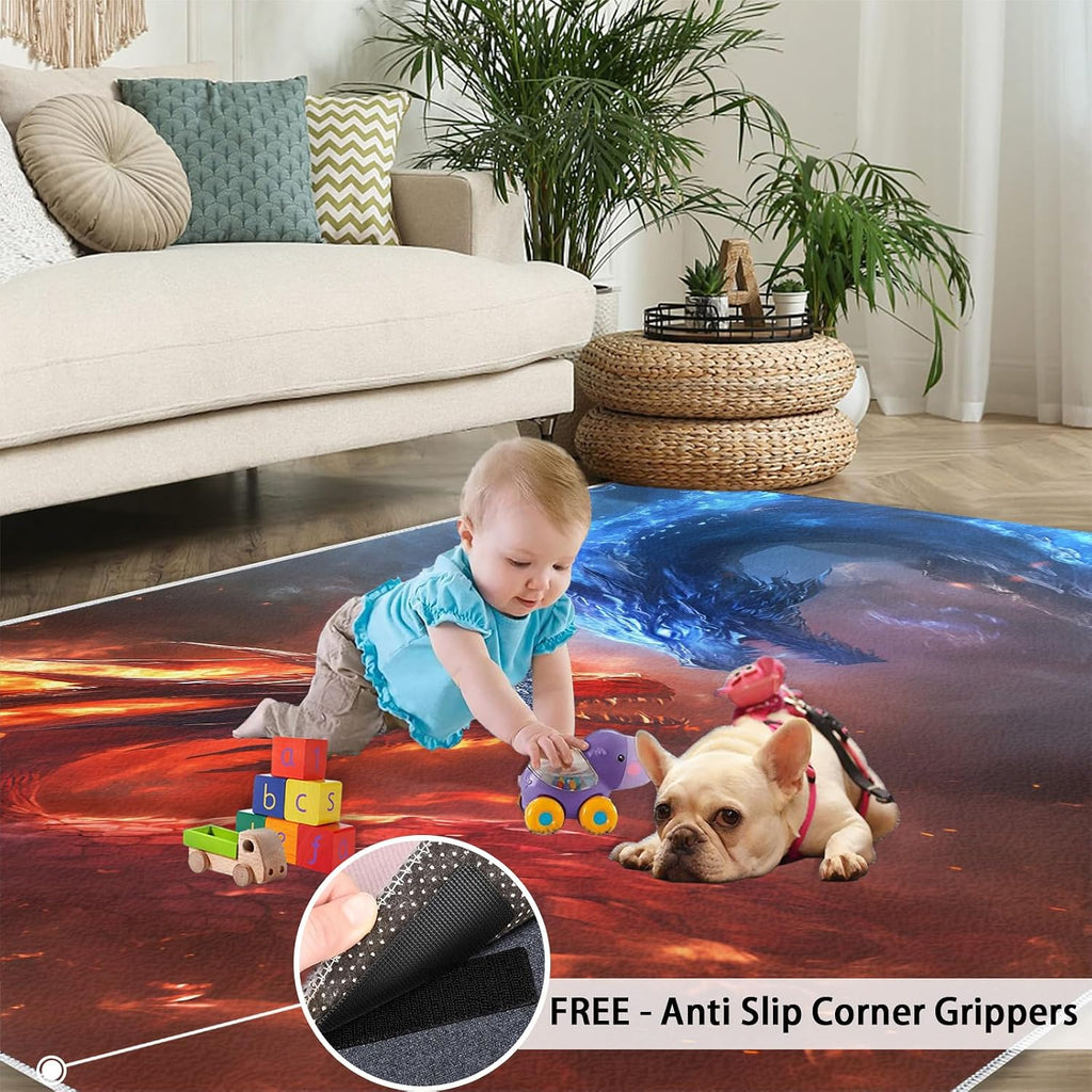 Ice Fire Dragon Living Room Rug, Fantasy Magic Dragon Area Rug, Washable Bedroom Rugs for Front Porch Kitchen Entryway Doormats Decor Floor Mat 6x8