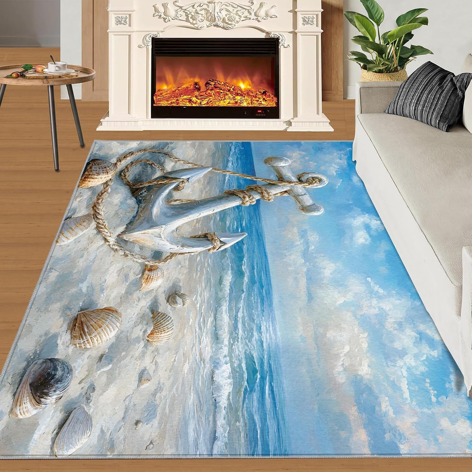 Beach Rug 6x8, Anchor Rugs for Bedroom, Nautical Theme Area Rug, Non Slip Washable Rugs for Living Room Farmhouse, Indoor Low Pile Decor Carpet