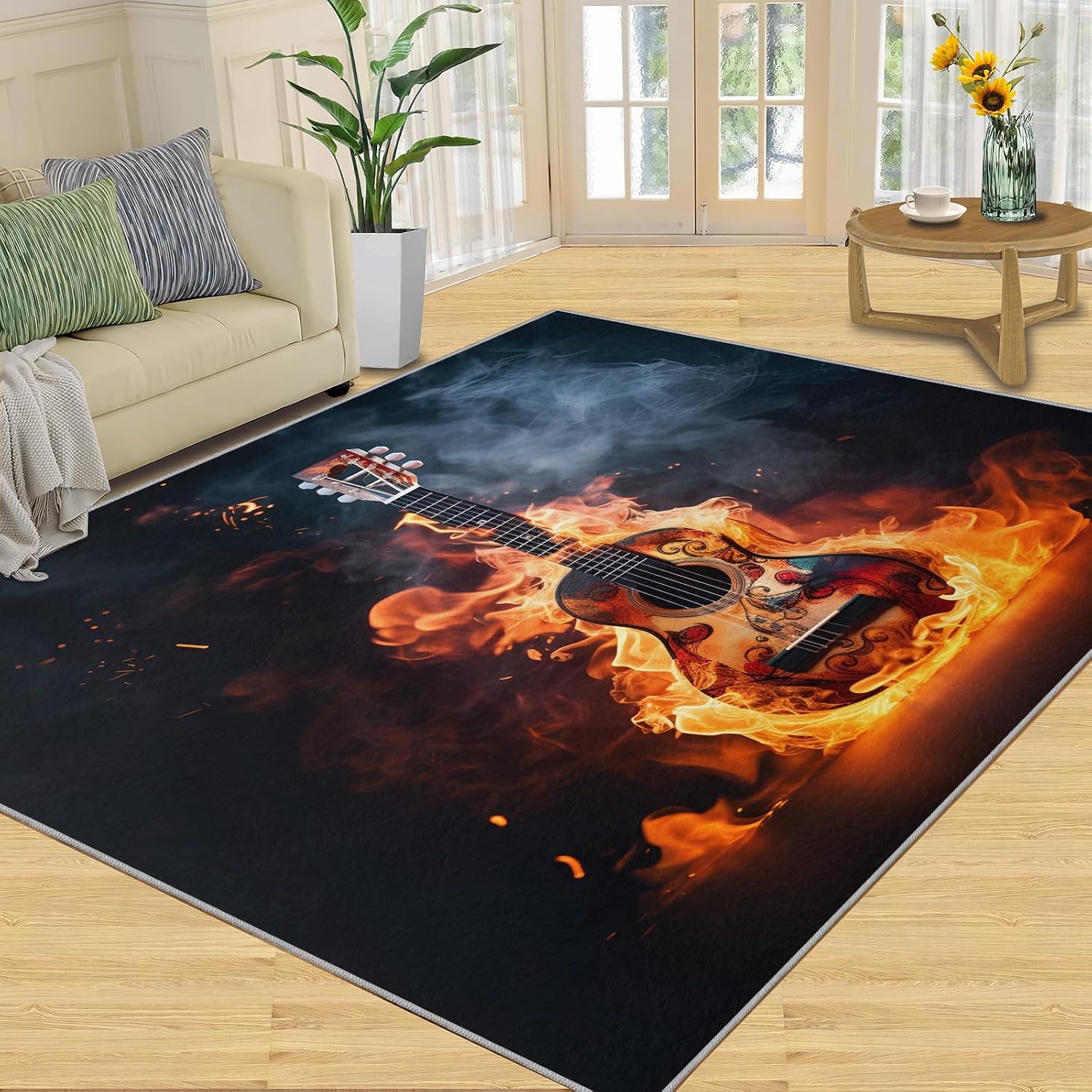 Flame Electric Guitar Music Area Rug 4.6x6.6 Rugs for Living Room Bedroom, Vintage Guitar Kids Rugs, Dark Copy Space Throw Rugs for Entryway Indoor Front Door Mat Non Slip Bedside Rug