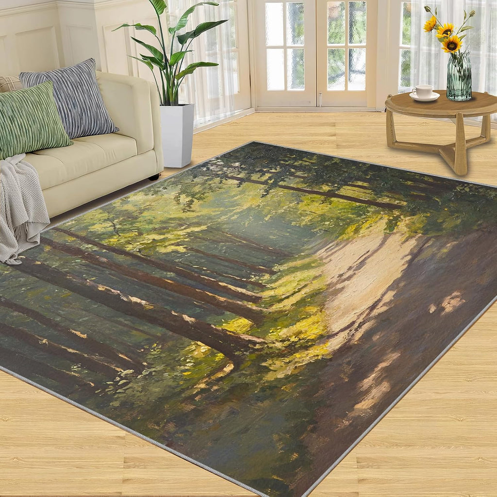 Forest Rugs for Bedroom, Sunshine Forest Rug 6x8, Natural Oil Painting Dining Room Rugs Washable & Non Slip Large Carpet for Home Decor