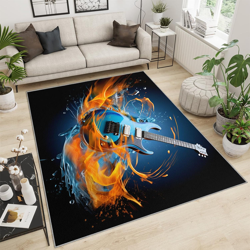 Guitar Rugs for Music Room - 5x7 Rug, Music Home Decor, Boys Musical Washable Rugs for Living Room Bedroom, Blue Area Rug, Rock and Roll Carpet, Electric Guitars Gifts for Men