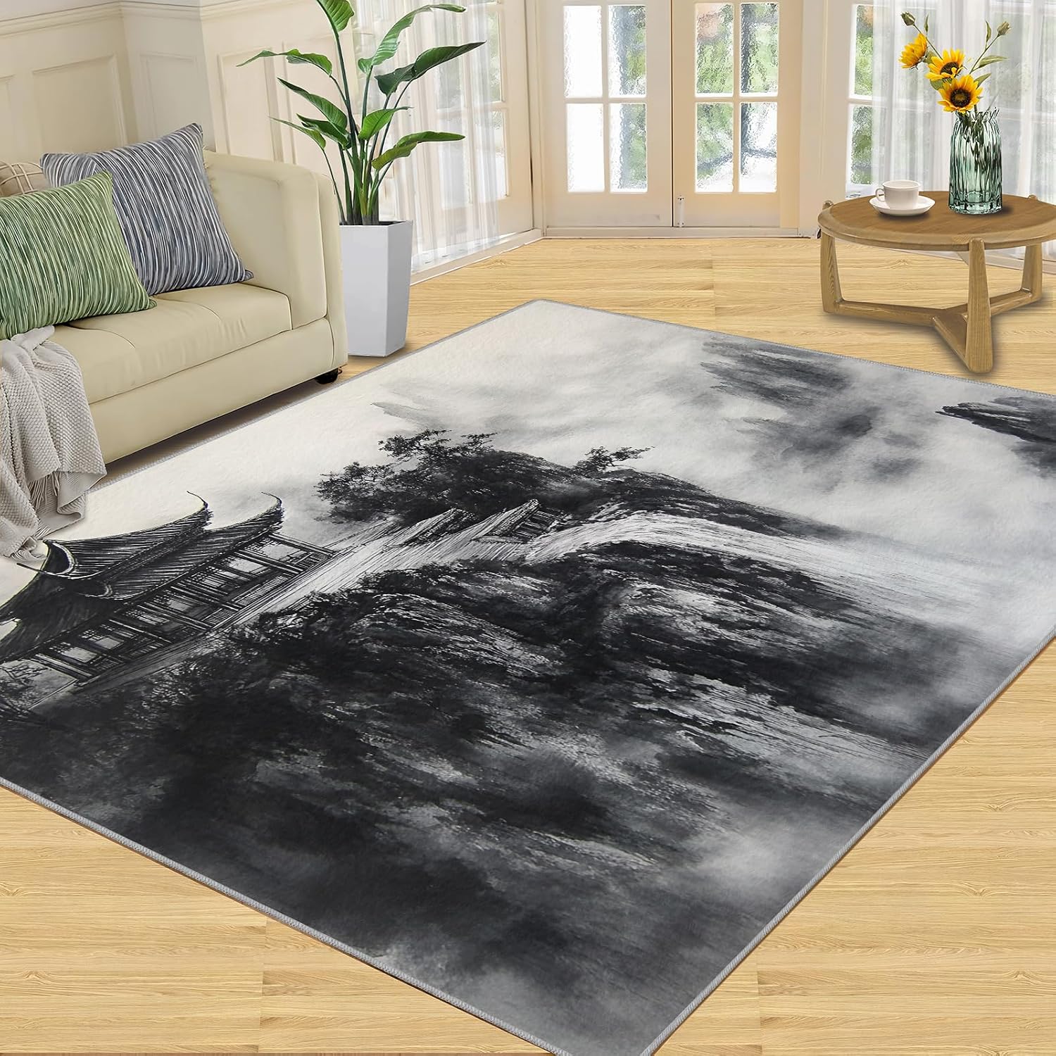 Chinese Ink Painting Area Rug 6x8 - Landscape Pavilions Large Rugs for Living Room, Traditional Carpet Area Rug for Girls Bedroom Kids Room Basement Office Classroom