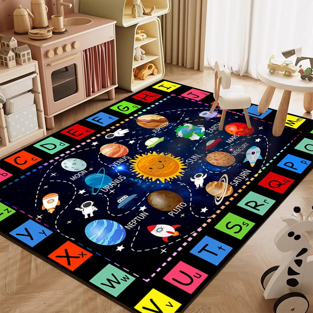 Cartoon Outer Space Kids Rugs, 6x8ft, Educational ABC Letter Rugs for Living Room, Space Tour Foldable Easy Clean Home Decor Carpet, Low Pile Absorbent Carpets for School Family