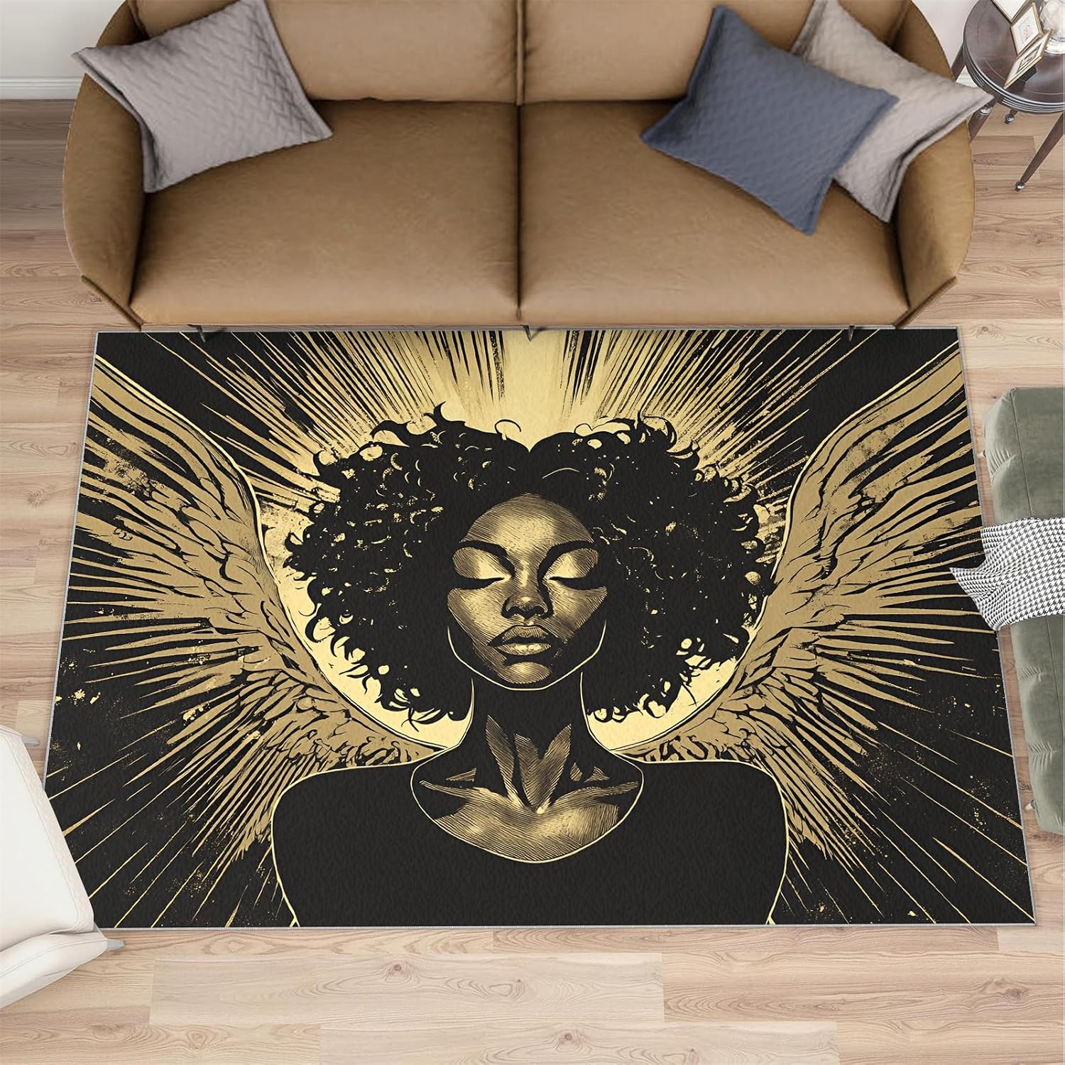 6x8 Black Women Area Rug - Mysterious Angel Large Rugs for Living Room, Retro American Woman Carpet Area Rug for Girls Bedroom Kids Room Basement Office Classroom