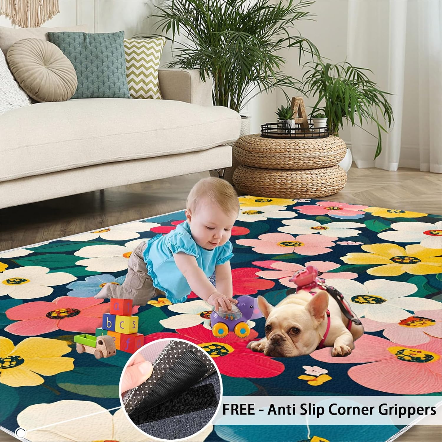 6x8 Florals Area Rug - Colorful Florals Large Rugs for Living Room, Flower Carpet Area Rug for Girls Bedroom Kids Room Basement Office Classroom