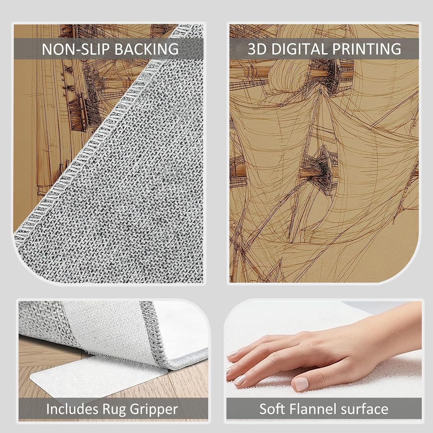 Machine Washable Ocean Sailboat Stripes Area Rugs 5' x 7', Non-Slip Vintage Large Area Rugs Stain Resistant Print Carpet for Home Decor, Kid Pet Friendly Mat