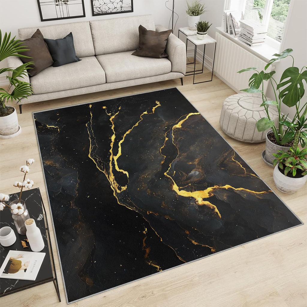 Black Marble Area Rug, Modern Abstract Fashion Gold Rugs for Living Room, Easy Clean Carpet Washable Indoor Non-Slip Rug for Boys and Girls Nursery Bed Living Room Carpets Nursery Decor,6 x 8ft