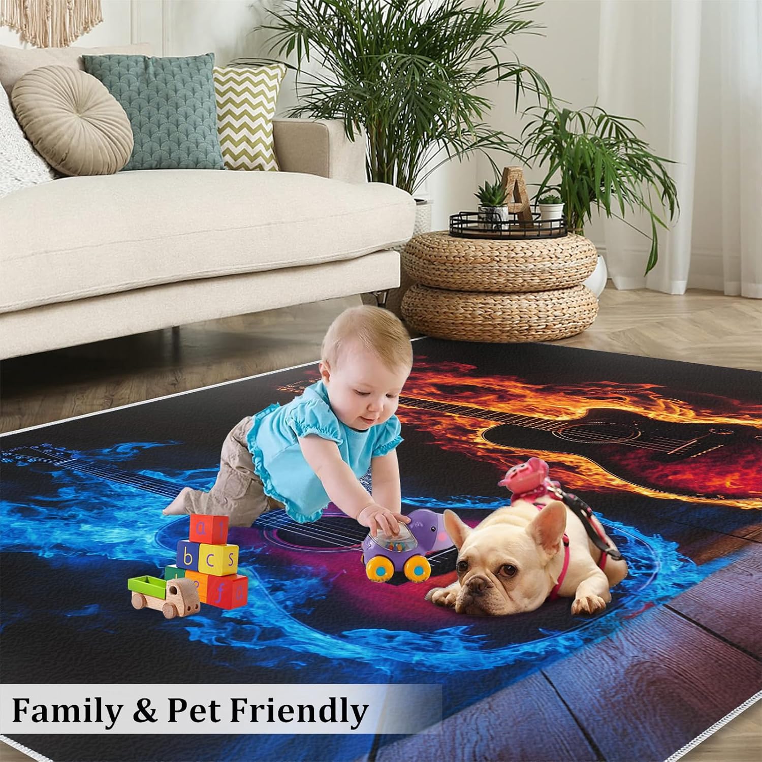 Guitar Rug for Bedroom 6x8 Rug Fire Water Guitar Rugs, Rock Music Themed Home Decor, Non Slip Washable Large Rugs, Instruments Print Carpet for Boys and Girls Teen Playroom