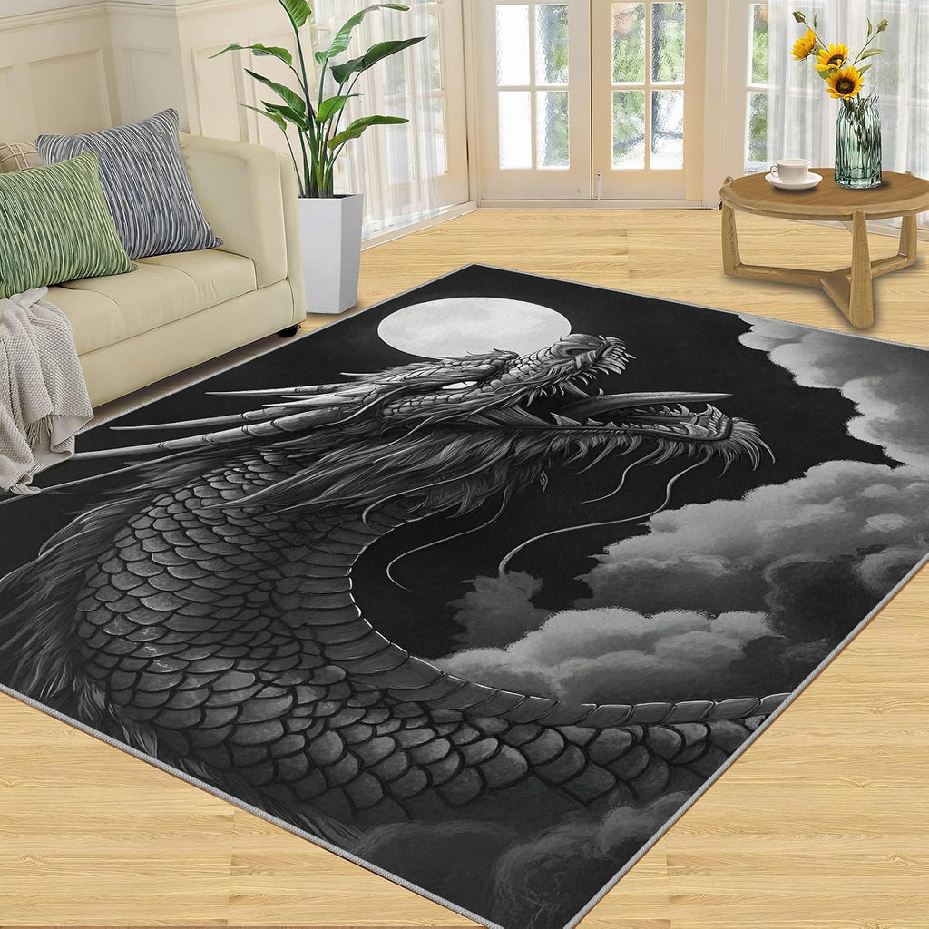 Dragon Rug 6x8, Dragon Rugs for Bedroom, Chinese Style Rugs for Living Room, Washable Area Rug for Boys Girls Bedroom, Low Pile & Non Slip Carpet