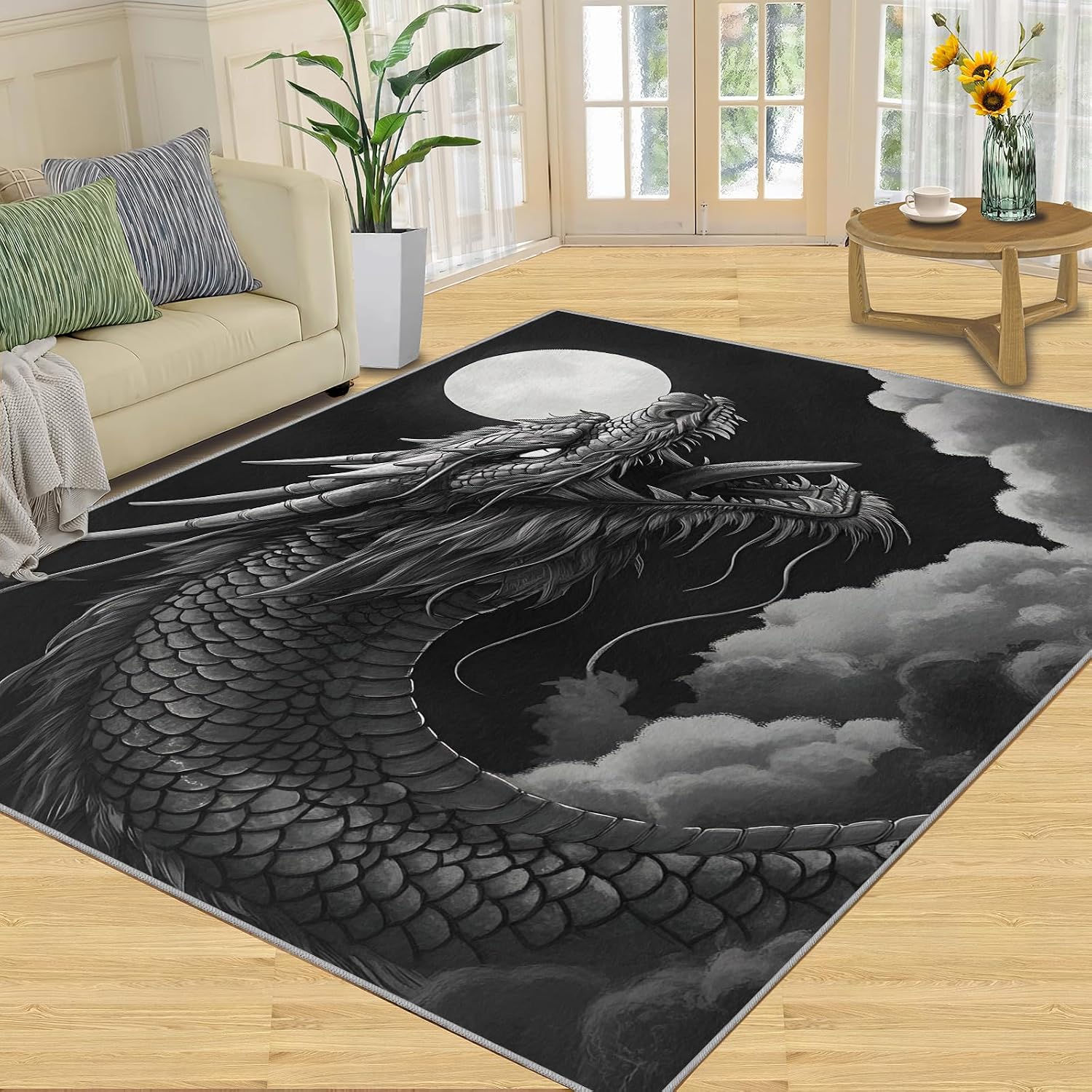 Dragon Rug 6x8, Dragon Rugs for Bedroom, Chinese Style Rugs for Living Room, Washable Area Rug for Boys Girls Bedroom, Low Pile & Non Slip Carpet