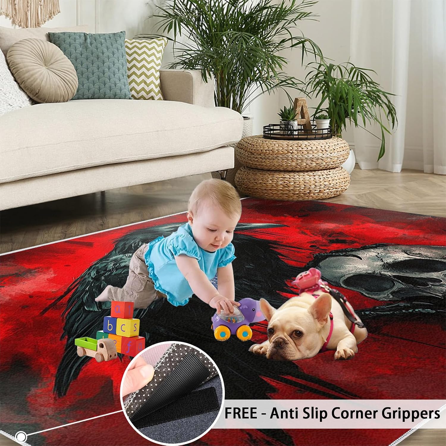 Gothic Skull Crow Rug 6x8-6x8 Rug, Raven Washable Rugs for Living Room, Halloween Carpet, Gothic Non-Slip Area Rugs for Bedroom, Skull Crow Carpet, Halloween Home Decor