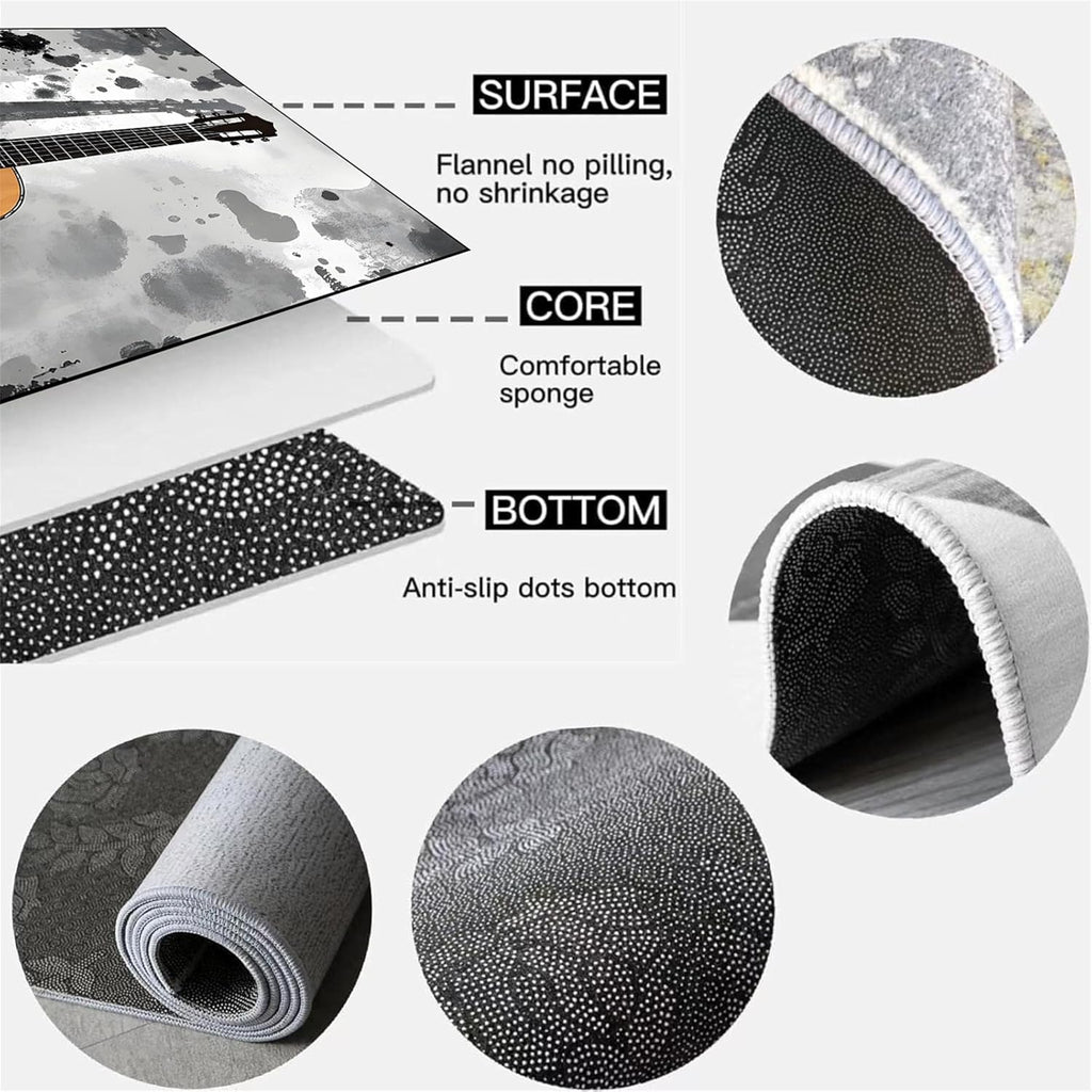 Guitar Music Rug 6x8ft - Ink Printed Low Pile Foldable Carpet, Non-Slip Soft Rug for Bedside/Sofa/Indoor - Easy Clean Anti-Slip Home Decor Floor Mat