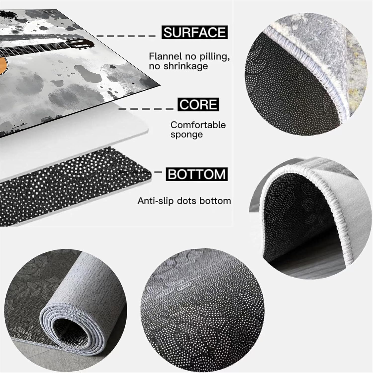Guitar Music Rug 6x8ft - Ink Printed Low Pile Foldable Carpet, Non-Slip Soft Rug for Bedside/Sofa/Indoor - Easy Clean Anti-Slip Home Decor Floor Mat