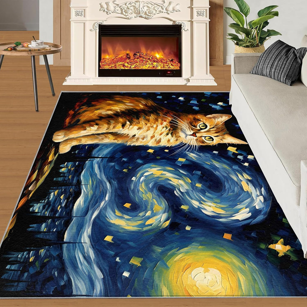 6x8 Area Rug - Starry Sky Orange Cat Large Rugs for Living Room, Post-Impressionist Art Painting Carpet Area Rug for Girls Bedroom Kids Room Basement Office Classroom