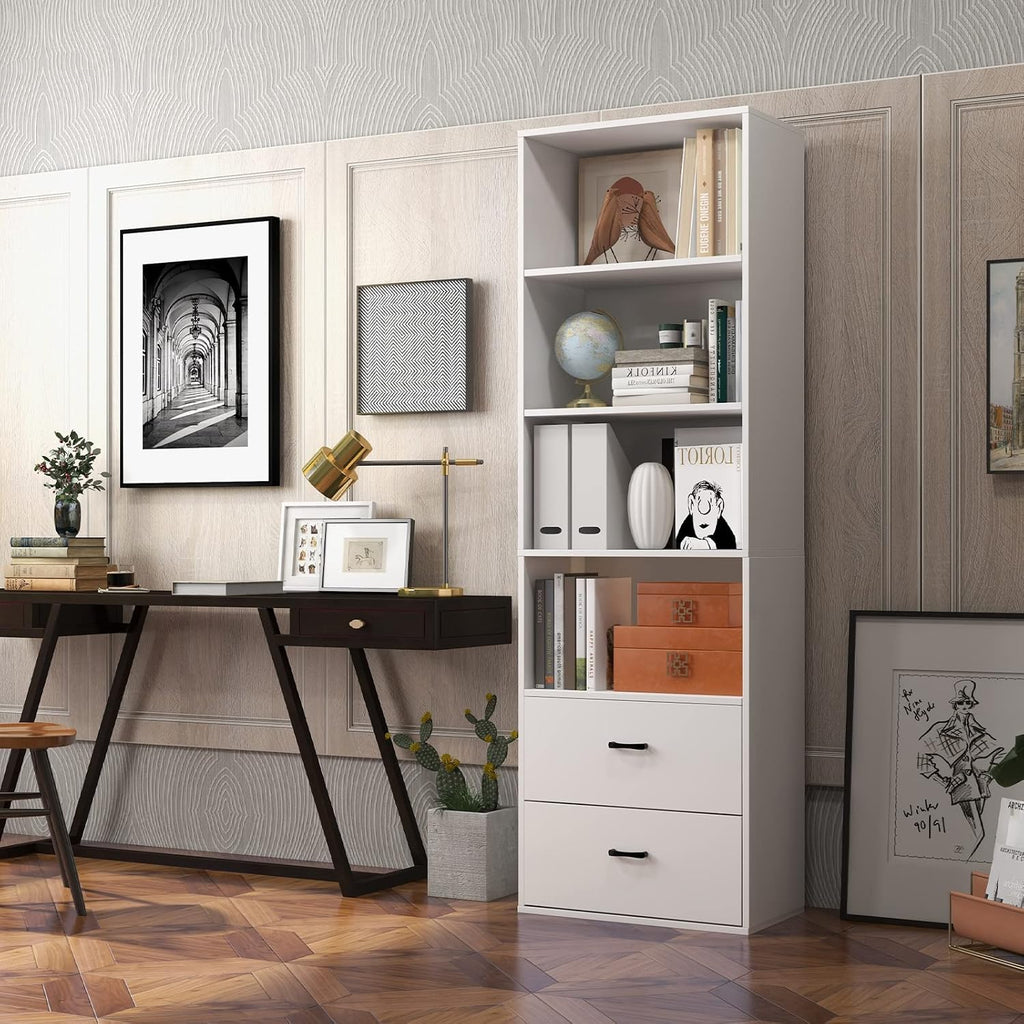 LOKO 74 Inches Tall Bookcase, 6-Tier Modern Tall Storage Cabinet with 2 Drawers & 4 Open Shelves, Freestanding Wooden Bookshelf with Anti-toppling Devices for Living Room, Study, Home Office (White)