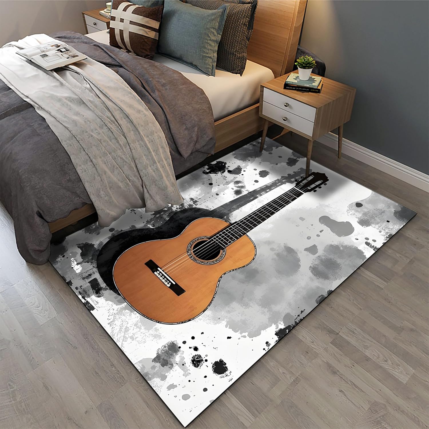 Guitar Music Rug 6x8ft - Ink Printed Low Pile Foldable Carpet, Non-Slip Soft Rug for Bedside/Sofa/Indoor - Easy Clean Anti-Slip Home Decor Floor Mat