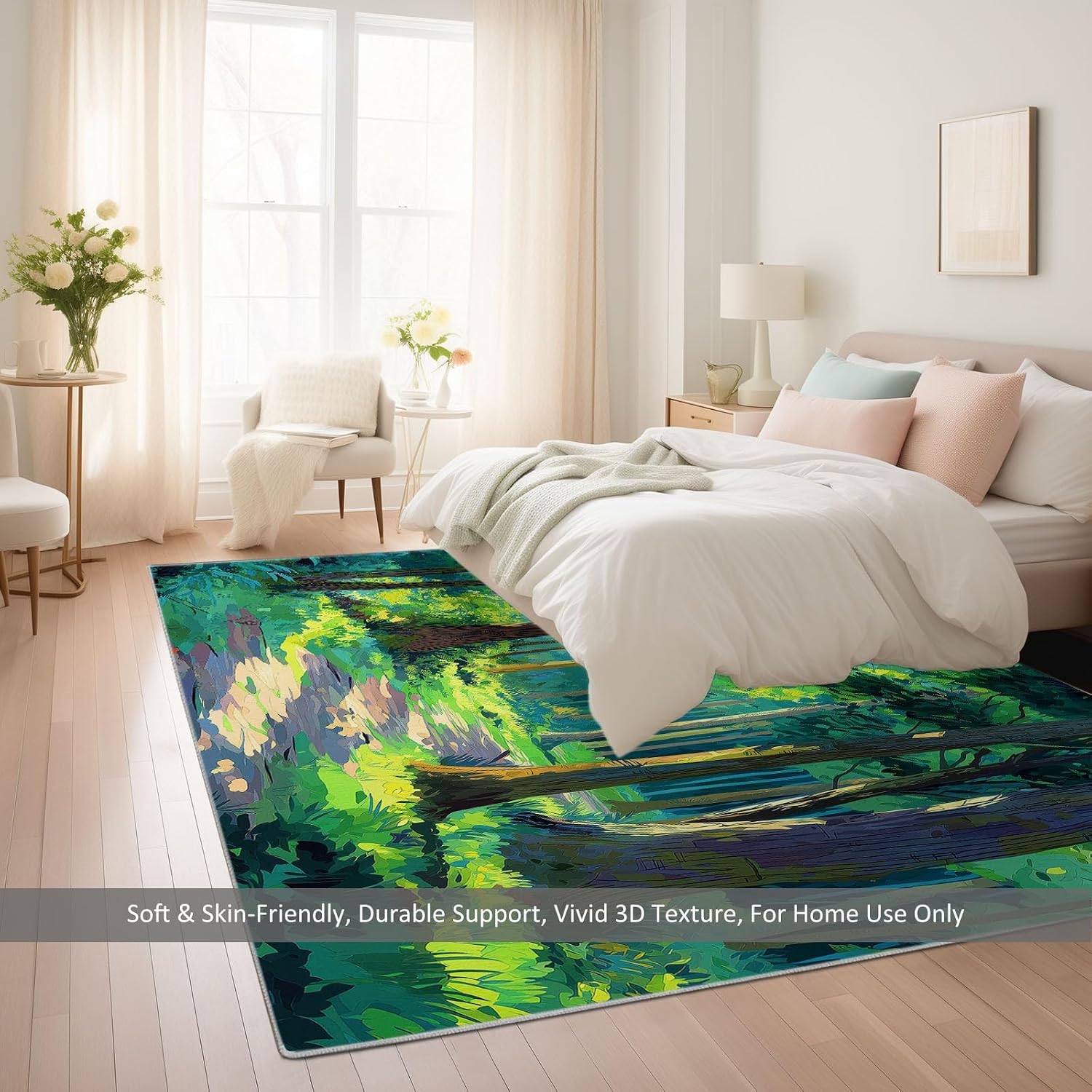 Cartoon Print Area Rug 5 x 7 ft for Living Room, Oil Painting Forest Green Trees Soft Washable Carpet for Bedroom Non-Slip Rug - Stain Resistant Carpets for Kids Playroom Classroom Dining Room