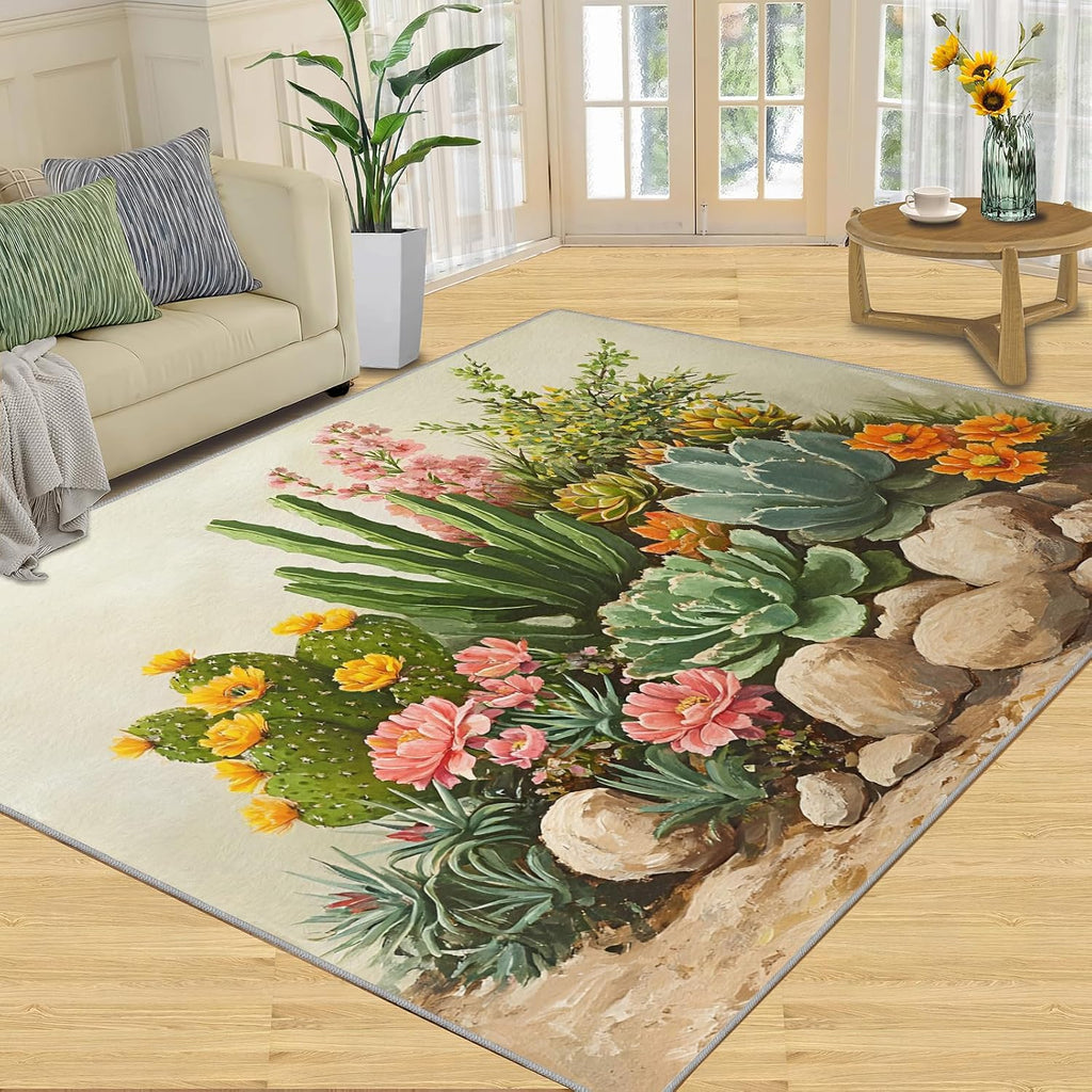 Flowers Rug 6x8, Cactus Area Rug, Desert Plants Rugs for Living Room, Decor Rugs for Bedroom, Low Pile Non Slip Carpet