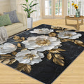 Relief Flower Area Rug Large - 6x8 Rug, Black Gold Flower Rugs for Living Room, Floral Carpet, Modern Washable Area Rugs for Bedroom, Aesthetic Carpet, Floral Home Decor