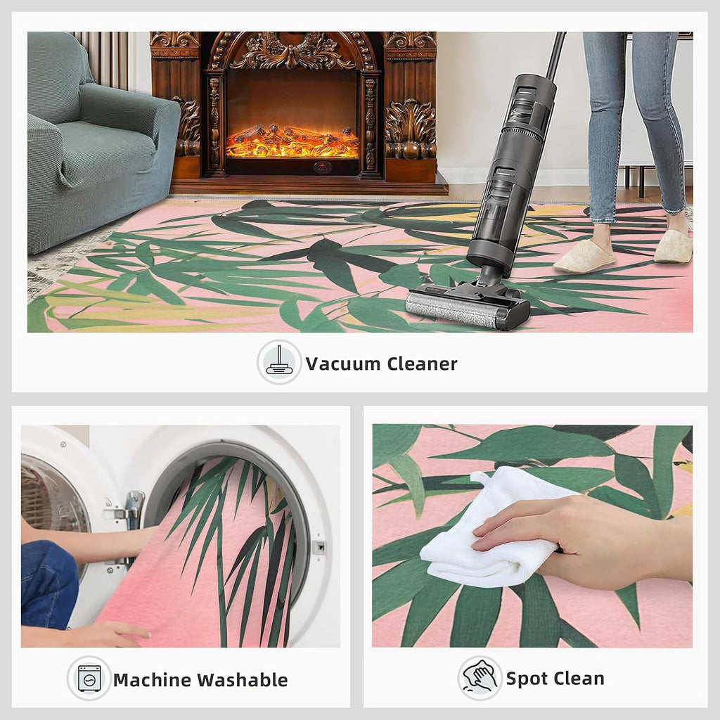 Green Bamboo Rug, Plants Rugs for Bedroom 6x8 Rug, Leaves Area Rug, Rugs for Living Room, Non Slip Washable Carpet for Kids Room Home Decor
