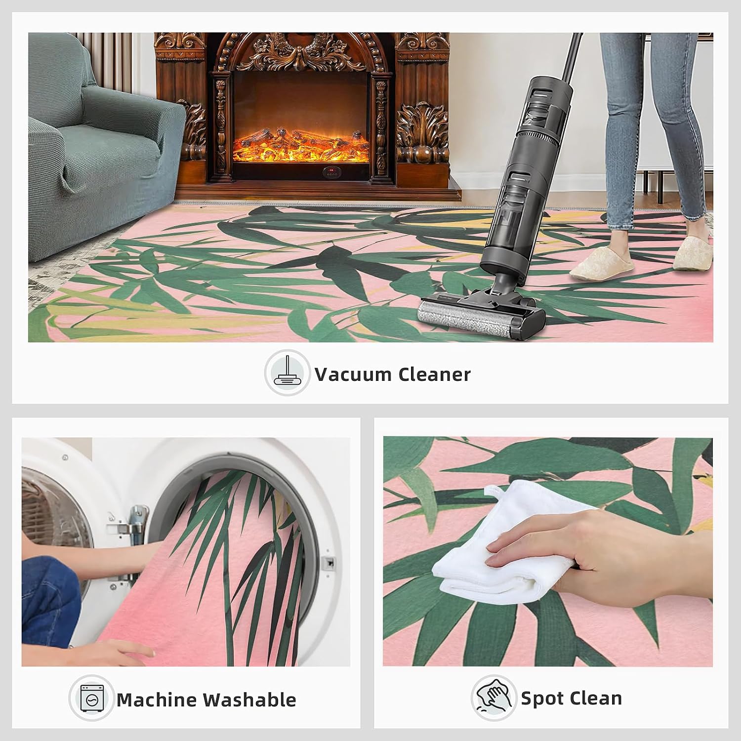 Green Bamboo Rug, Plants Rugs for Bedroom 6x8 Rug, Leaves Area Rug, Rugs for Living Room, Non Slip Washable Carpet for Kids Room Home Decor