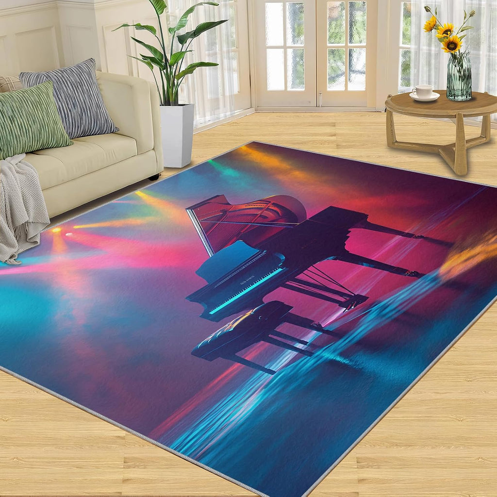 Guitar Rug & Home Decor - 5x7 Rug, Neon Rugs for Bedroom, Pop Art Washable Rugs for Living Room, Rock and Roll Carpet, Non Slip Indoor Guitar Floor Mats & Music Room Decor