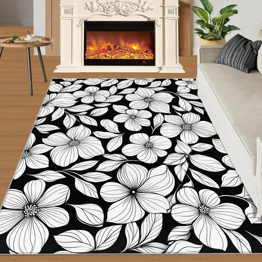 Florals Rugs for Bedroom, Abstract Flowers Rug 6x8, Rural Flowers Dining Room Rugs Washable & Non Slip Large Carpet for Home Decor