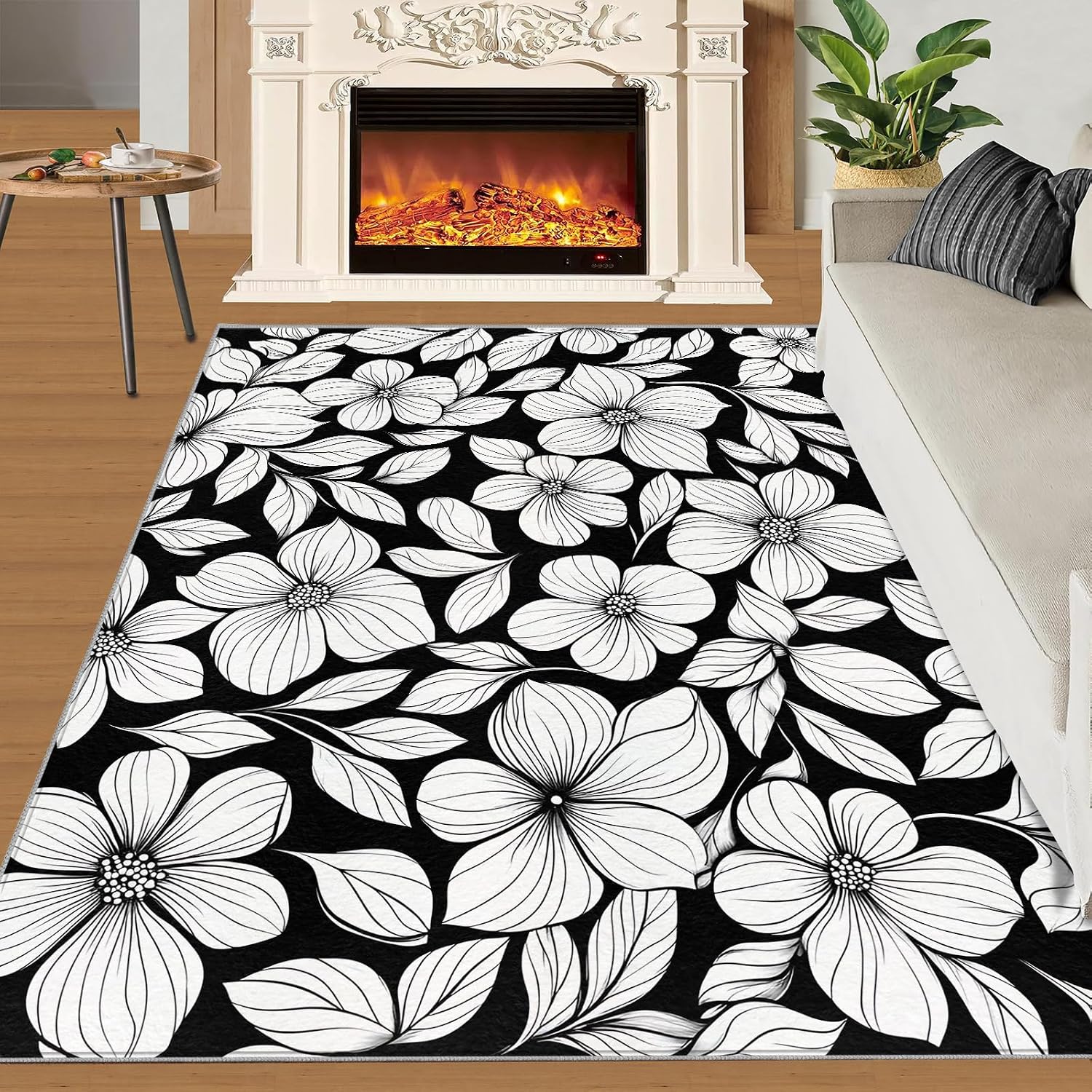 Florals Rugs for Bedroom, Abstract Flowers Rug 6x8, Rural Flowers Dining Room Rugs Washable & Non Slip Large Carpet for Home Decor