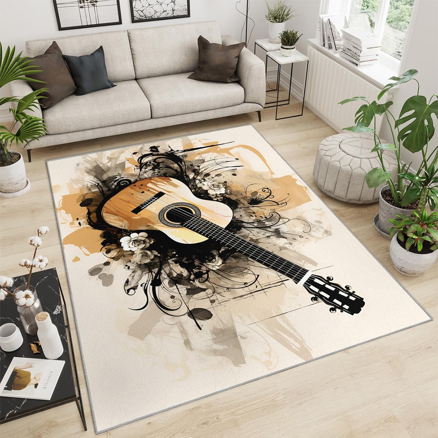 Guitar Area Rug - Cool Guitar Rugs for Bedroom - Music Lover Living Room Rug, Indoor Machine Washable Carpet for Music Studio Band Entertainment Room 6x8ft