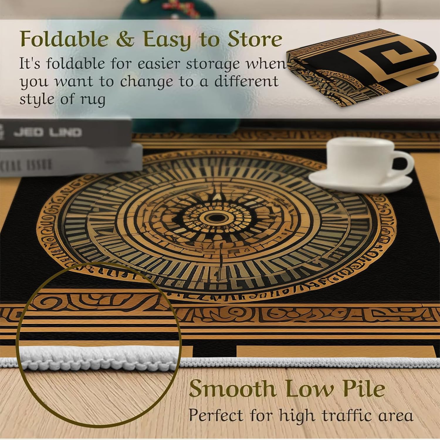 Retro Black Gold Greek Key Area Rugs, 3D Geometric Print Carpet, Indoor Non-Slip Kids Rugs, Machine Washable Breathable Durable Carpet for Front Entrance Floor Decor,6 x 8ft, Style-12
