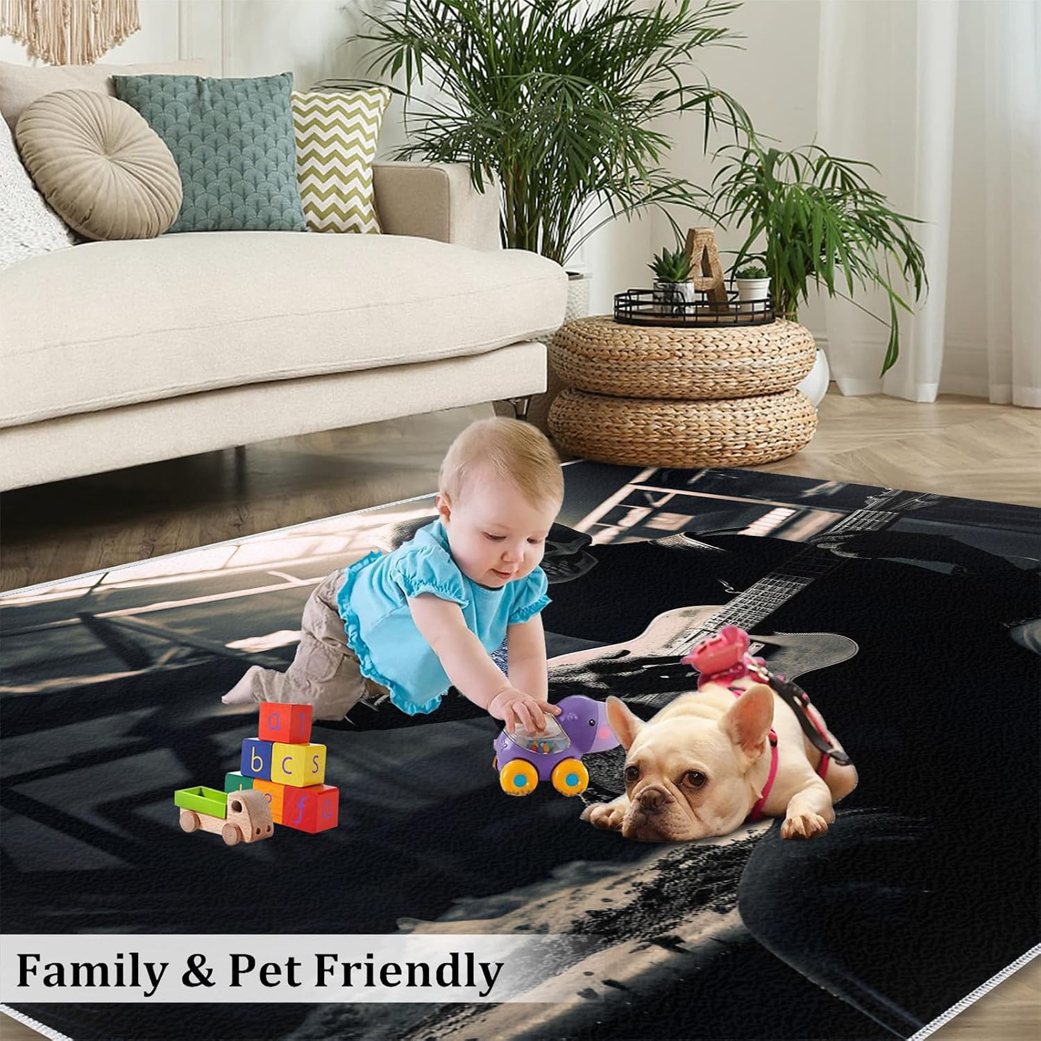 Guitar Player Rug for Kids Room - 5x7 Large Rug, Guitar Skull Rugs for Bedroom Musical Performance Guitar Area Rugs for Living Room Home Decor Washable Rug
