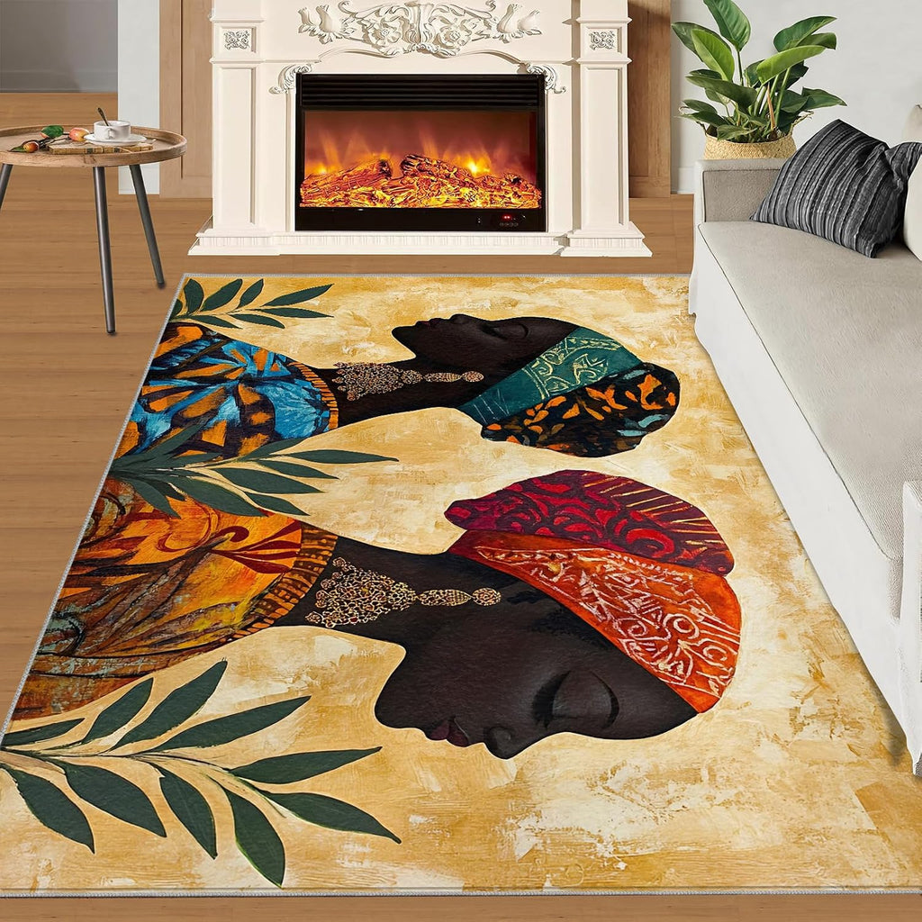 Black Women Area Rug 6x8, African Women Rugs for Living Room, Retro Ethnic Bedroom Rug, Machine Washable Rugs for Sofa Kitchen Dining, Non-Slip Home Decor Carpet