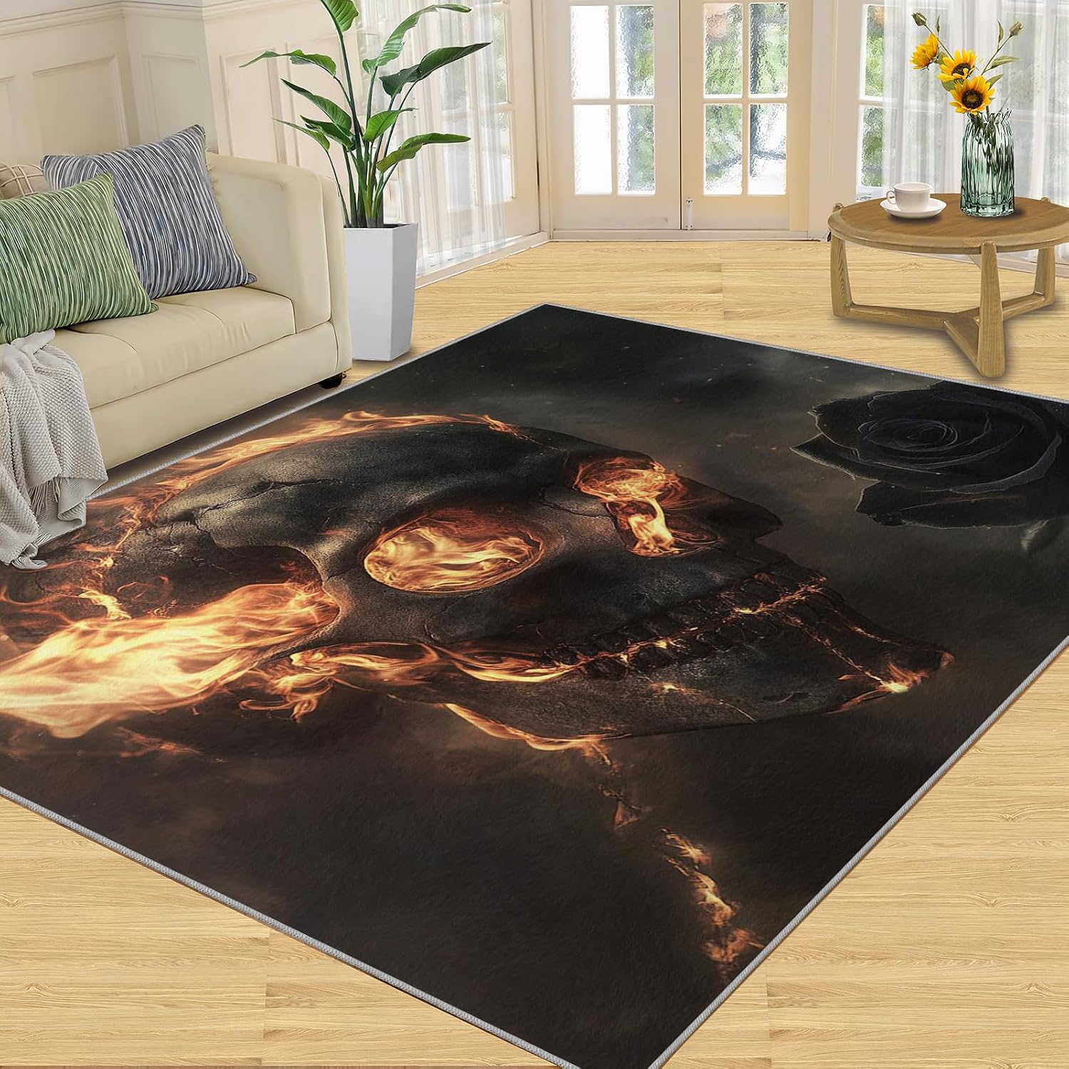 Flaming Skull Rug 6x8 - Horror Skull Large Rugs for Living Room, Demon Skeleton Carpet Area Rug for Girls Bedroom Kids Room Basement Office Classroom