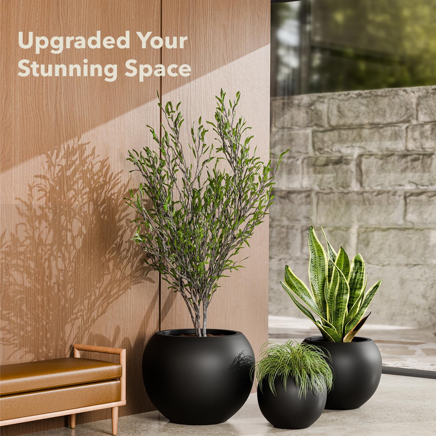KUTE NEST 16' H x 20' D Premium Globo Fiberstone Round Planter for Outdoor & Indoor Plants, Ideal for Snake Plants, Monstera & House Plants, Included 2 Extra Coco Mats (Black, 13.5' Pot Opening)