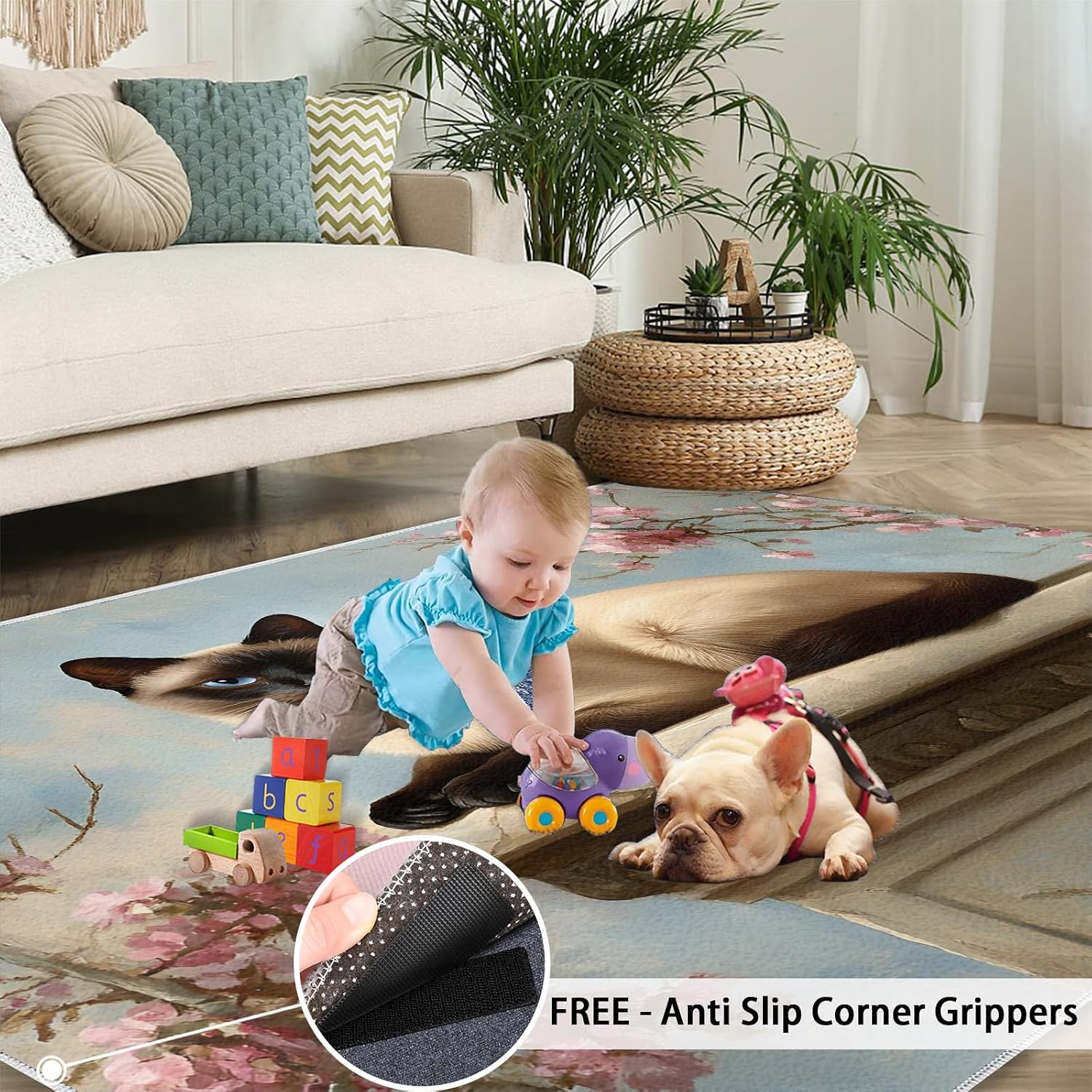Cat Rug 6x8-6x8 Rug, Animal Area Rugs for Living Room Bedroom, Spring Flower Area Carpet, Kitten Washable Carpet, Cat Home Decor & Gifts