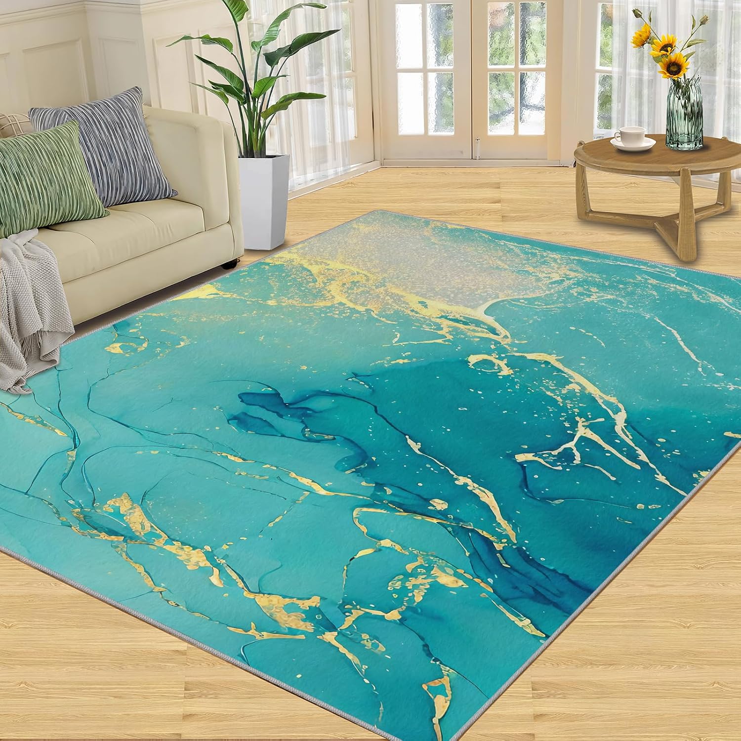 Light Green Gold Marble Area Rug, Modern Abstract Rugs for Living Room, Easy Clean Carpet Washable Indoor Non-Slip Rug for Boys and Girls Nursery Bed Living Room Carpets Nursery Decor,6 x 8ft