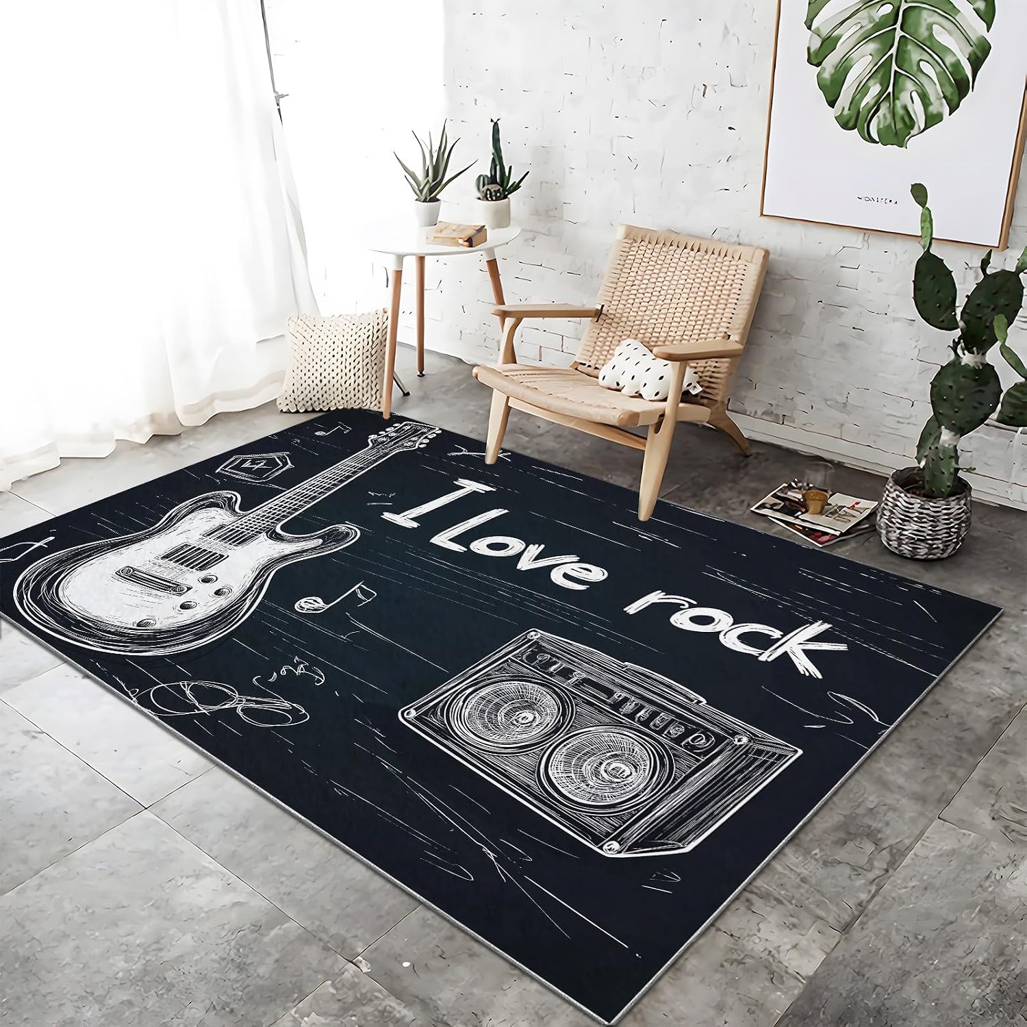 Area Rug Living Room Rugs 5x8 ft Hdrawn Musical Instrument Guitar Ultra Soft Washable Area Rug, Indoor Non-Slip Carpet for Nursery Kids Girls Boys Teen Dorm Home Office Decor