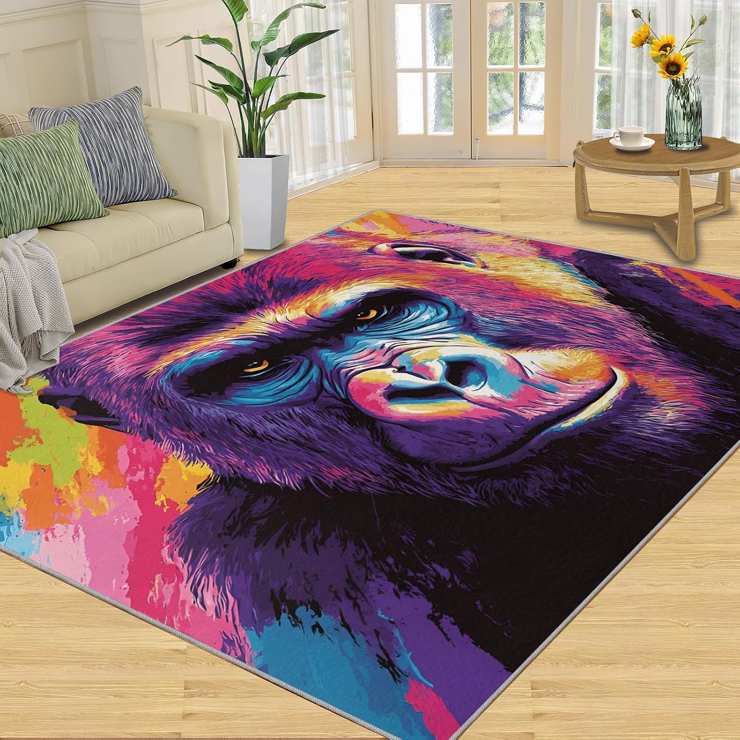 Gorillas Rug - 6x8 Rugs for Bedroom, Graffiti Gorillas Area Rug, Chimpanzee Washable Rugs for Living Room, Non Slip Animal Indoor Carpet - Home Decor, Tropical Wildlife Gifts for Kids