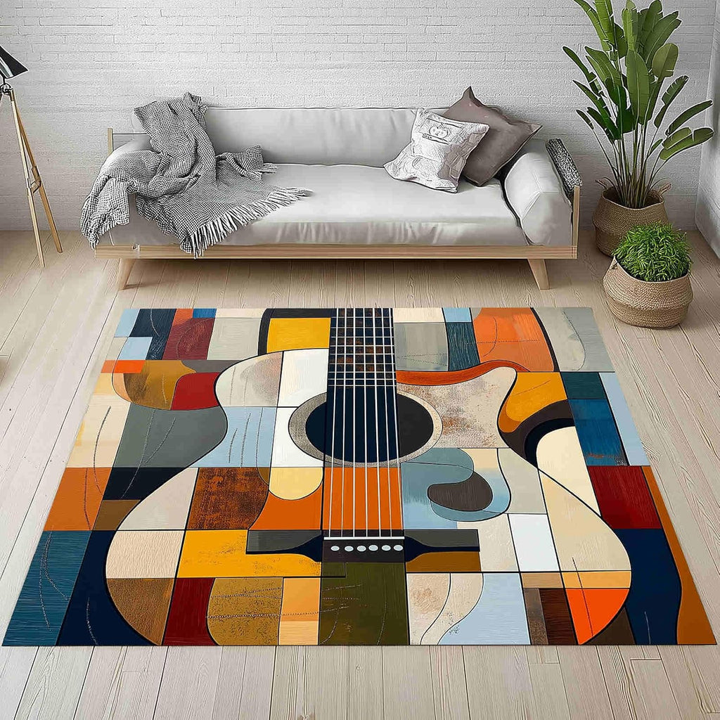 Color - Blocked Guitar Design 5x7 Area Rugs Washable Geometric Division Patterns Kids Rug for Bedroom Home Decor Carpet Teal Blue Rugs Indoor Non-Slip Low Pile Rug