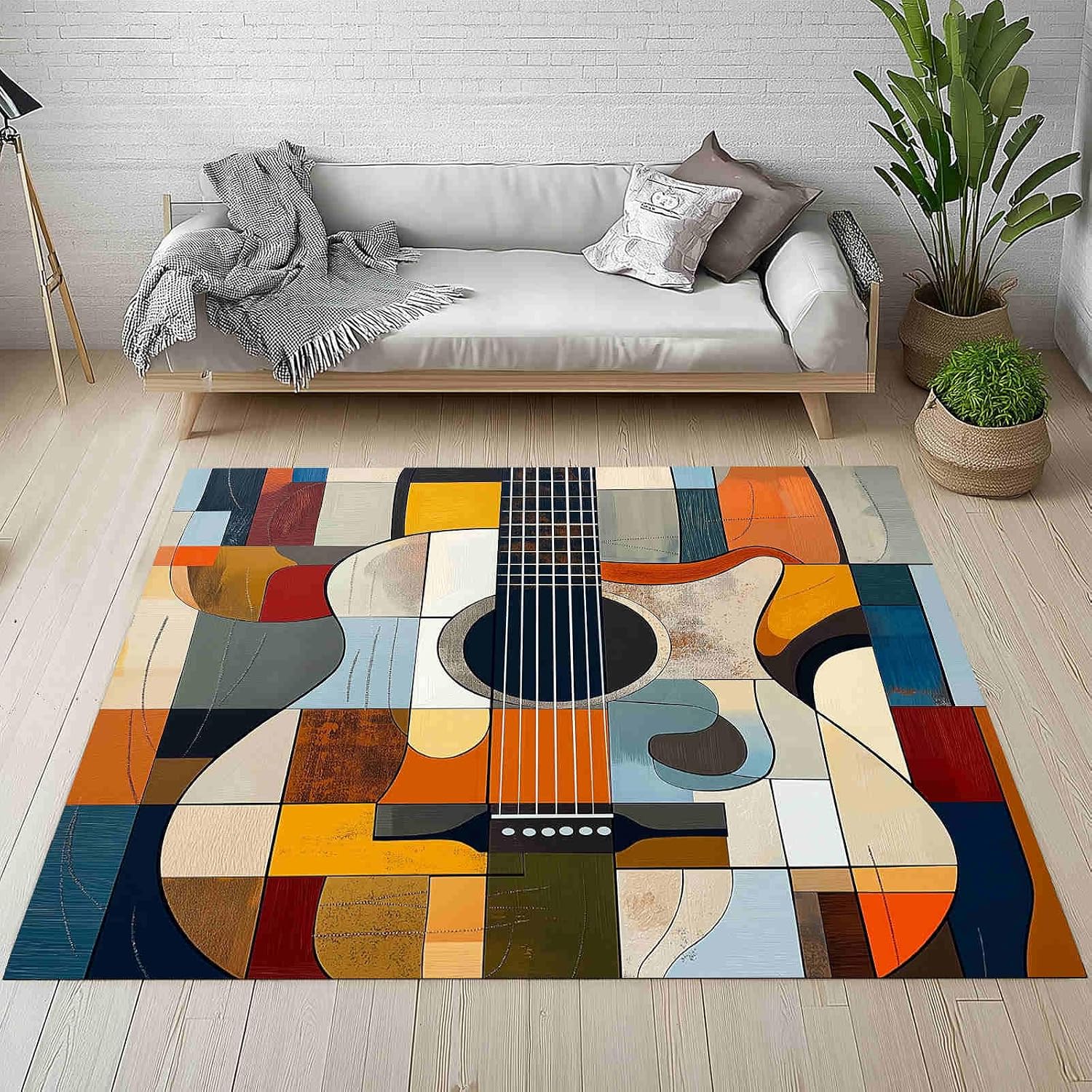 Color - Blocked Guitar Design Area Rug for Bedroom 5x8 Geometric Division Patterns Large Area Rugs Living Room Teal Blue Carpet for Study Bedroom Nursery, Washable Rugs Non Slip Soft Carpet