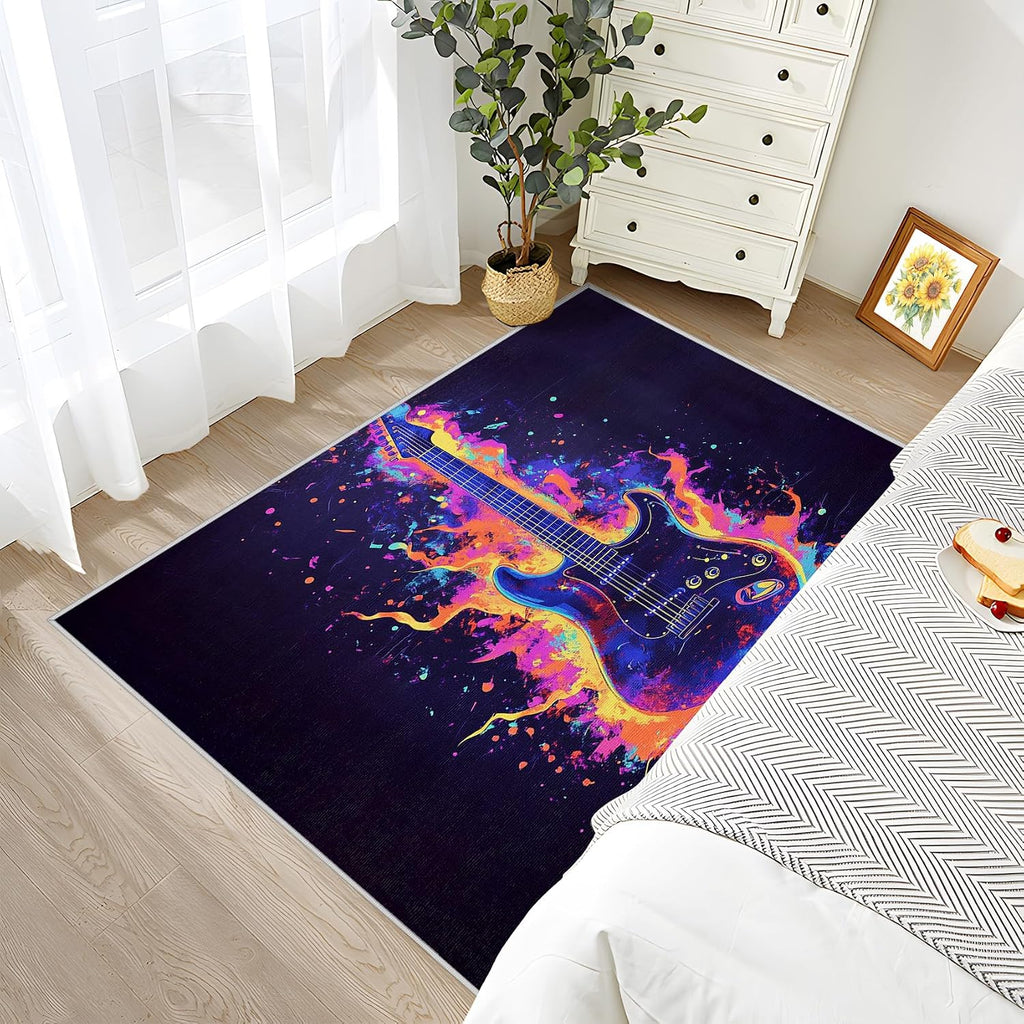 Guitar Rugs 5x7 - Guitar Rug 7x9, Electric Guitar Music Area Rugs for Living Room Bedroom, Washable Non Slip Durable, Rock and Roll Graffiti Carpet, Guitar Home Decor & Gifts