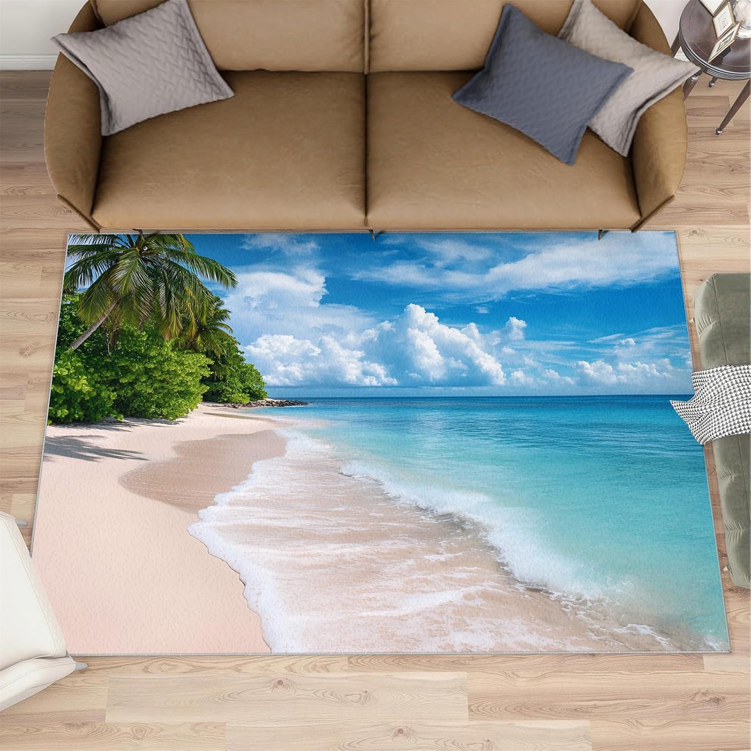 Coastal Area Rug 6x8 - Beach Scenery Large Rugs for Living Room, Sandy Beach Landscape Carpet Area Rug for Girls Bedroom Kids Room Basement Office Classroom