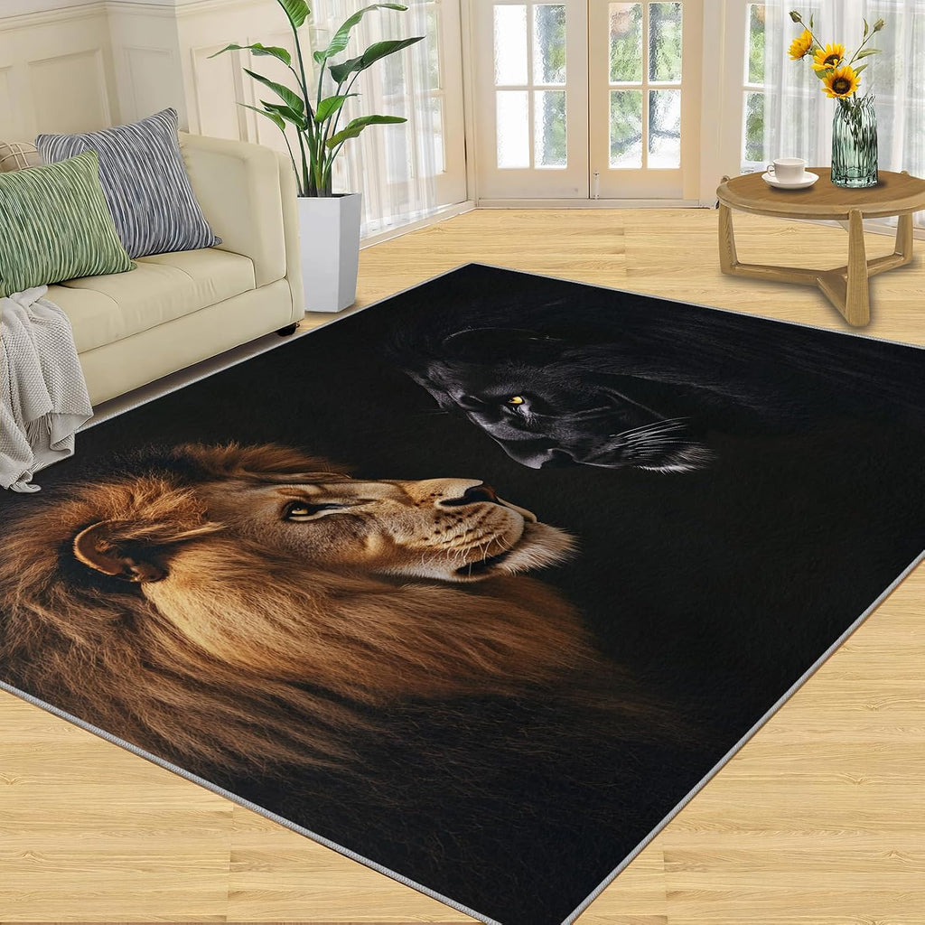 Animal Area Rug Large - 6x8 Rug, Lion Rugs for Living Room, Leopard Area Rugs for Bedroom, Wild Animal Washable Carpet, Lion Home Decor & Gifts