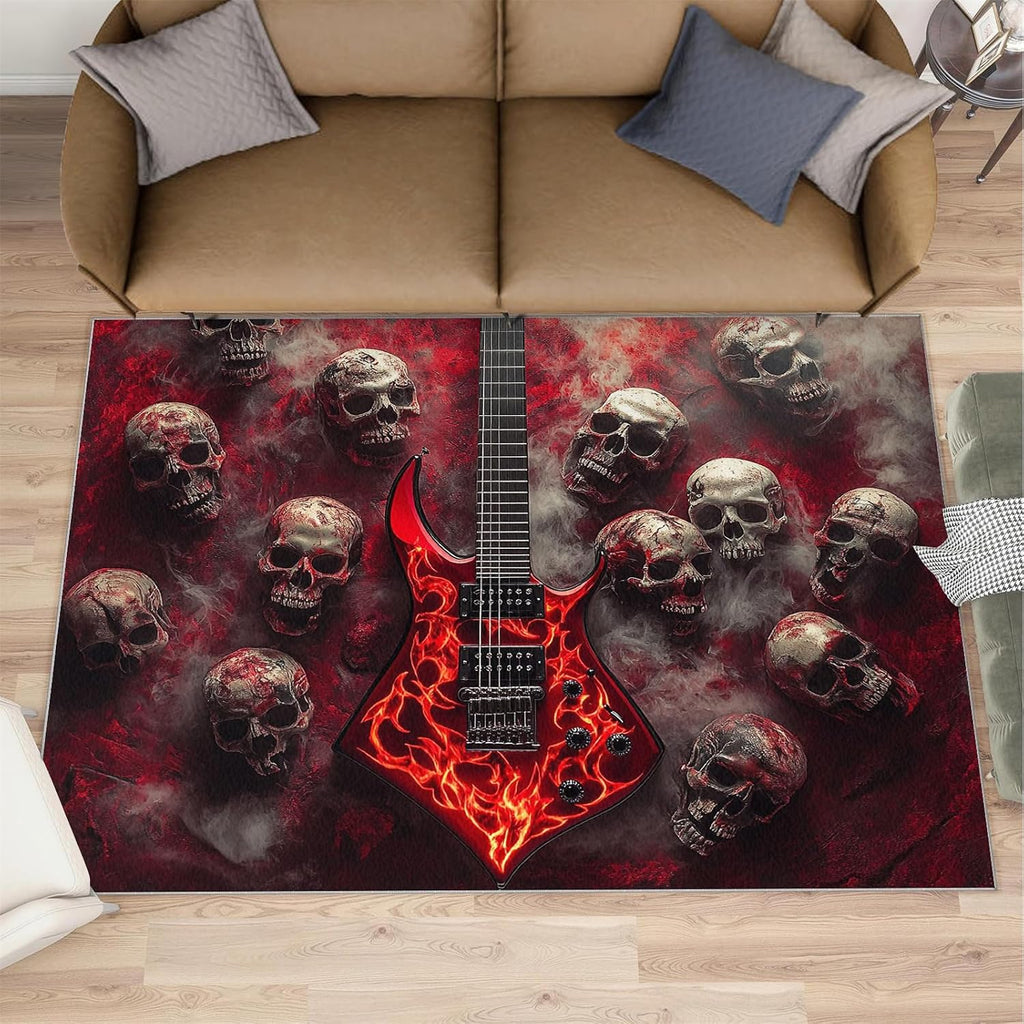 Guitar Rugs for Living Room 6x8ft, Gothic Guitar Rugs, Red Rug, Decor Carpet for Bedroom Dining Room Non Slip Area Rug